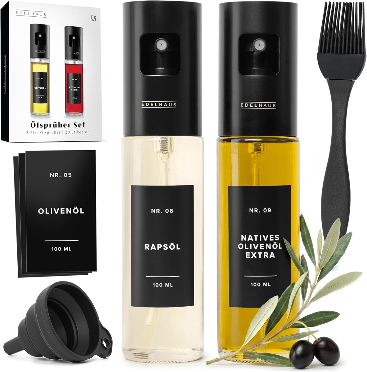EDELHAUS Ölsprüher 2er Set - Hochwertige Öl-Sprühflasche aus Edelstahl & Glas, für gesundes Kochen I Sprüher für präzise Dosierung I für Speiseöl & Essig inkl. 20 Ettiketen, Trichter, Silikonpinsel