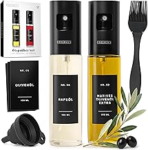 Oil Sprayer Set of 2 – High-Quality Oil Spray Bottle Made of Stainless Steel & Glass, for Healthy Cooking, Sprayer for Precise Dosage, for Cooking Oil & Vinegar Including 20 Labels, Funnel, Silicone Brush