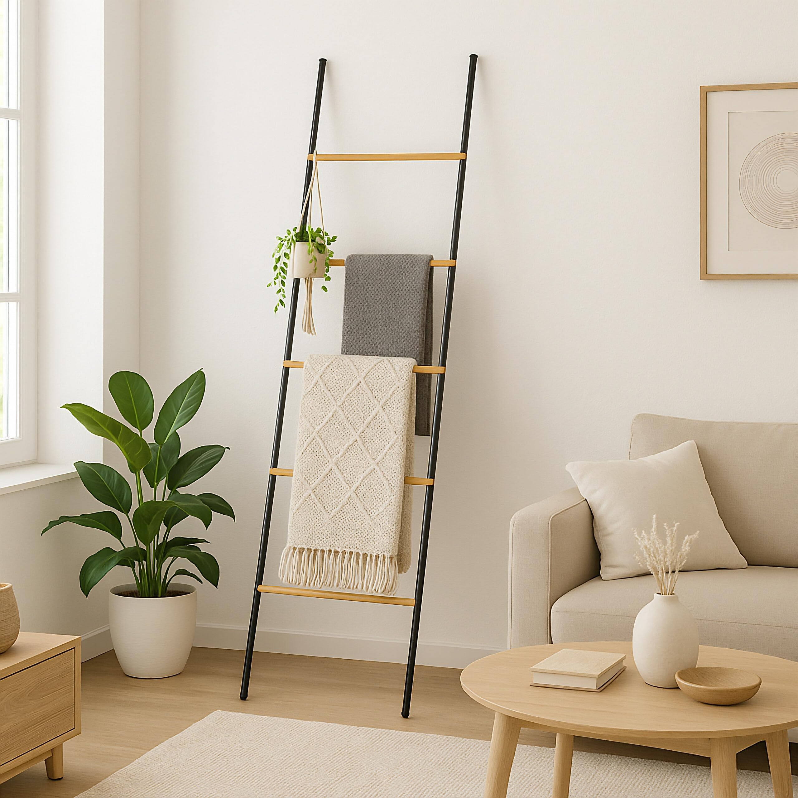 Escalera para Toallas Relaxdays, bambú y Hierro, HBT: 164 x 45 x 2 cm, 5 peldaños, Negro/Natural