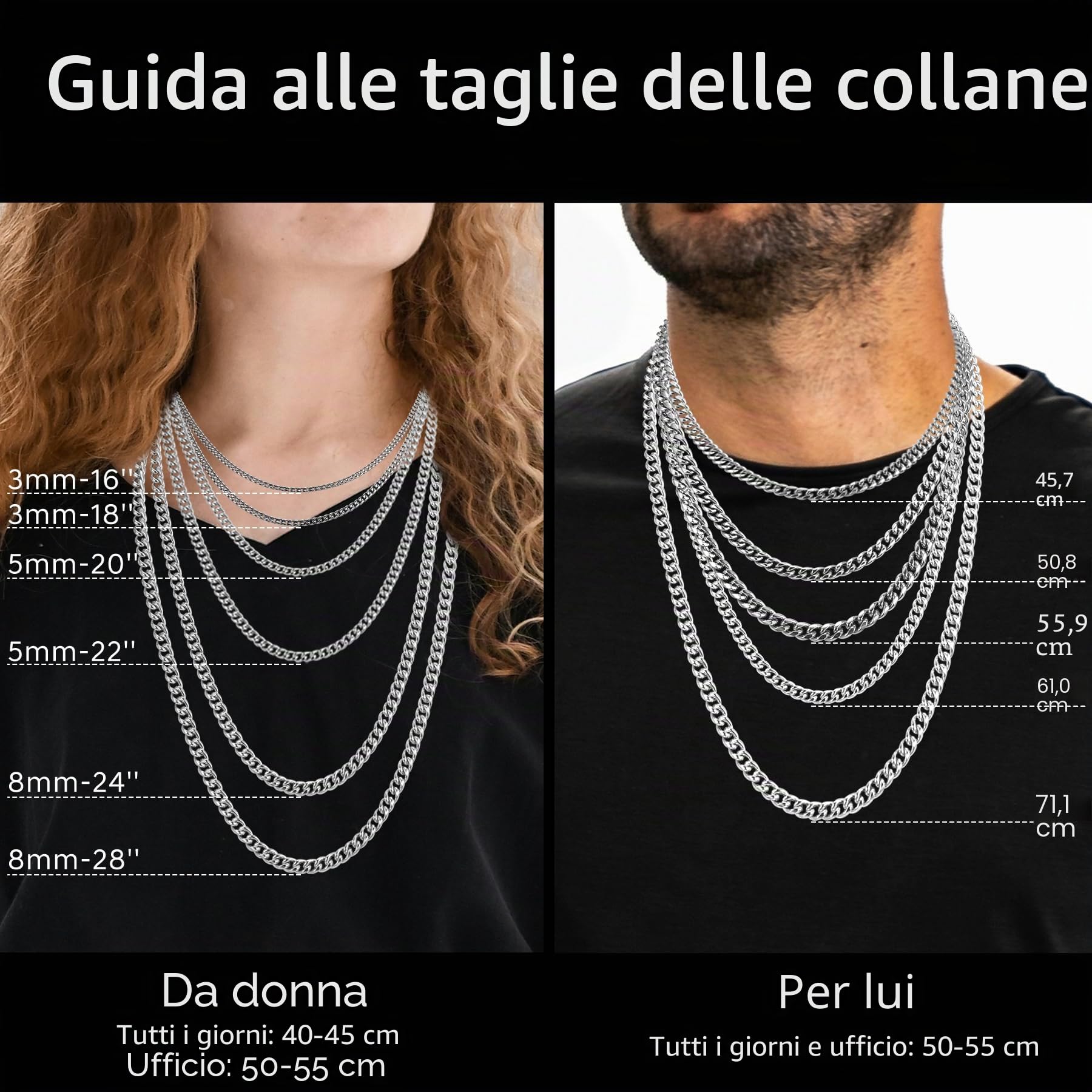Collana Uomo Donna Acciaio Inossidabile Oro/Argento/Nero Catena a Maglia Veneziana 2/2.5/3/4mm Box Collane Gioielli da Regalo Lunghezza 45/50/55/60/70cm