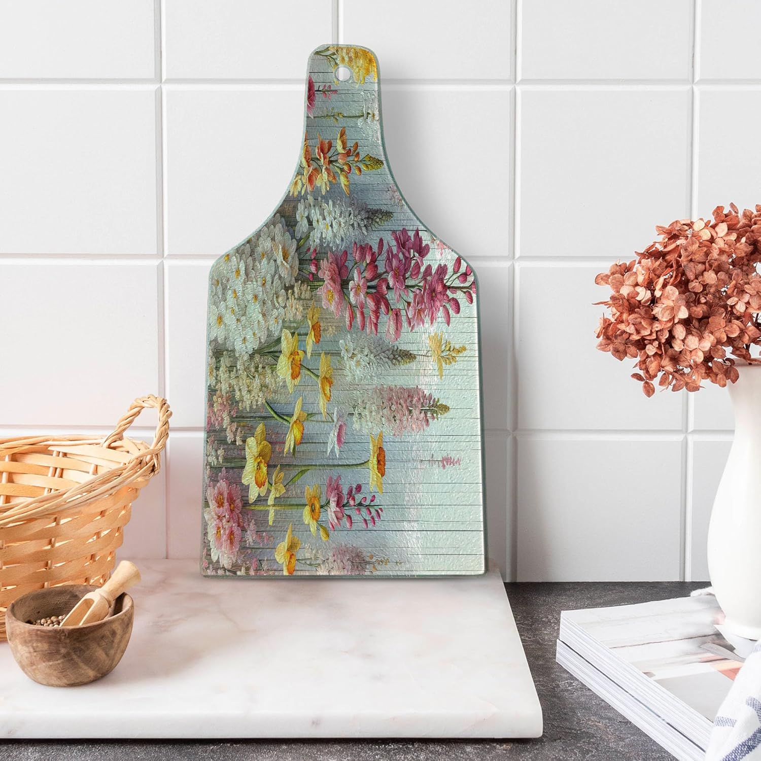 Ambesonne Spring Cutting Board, Farmhouse Dream Theme Lavenders Blooming Flowers with Abstract Stripes, Decorative Tempered Glass Cutting and Serving Board, Wine Bottle Shape, Mustard Dried Rose Pearl
