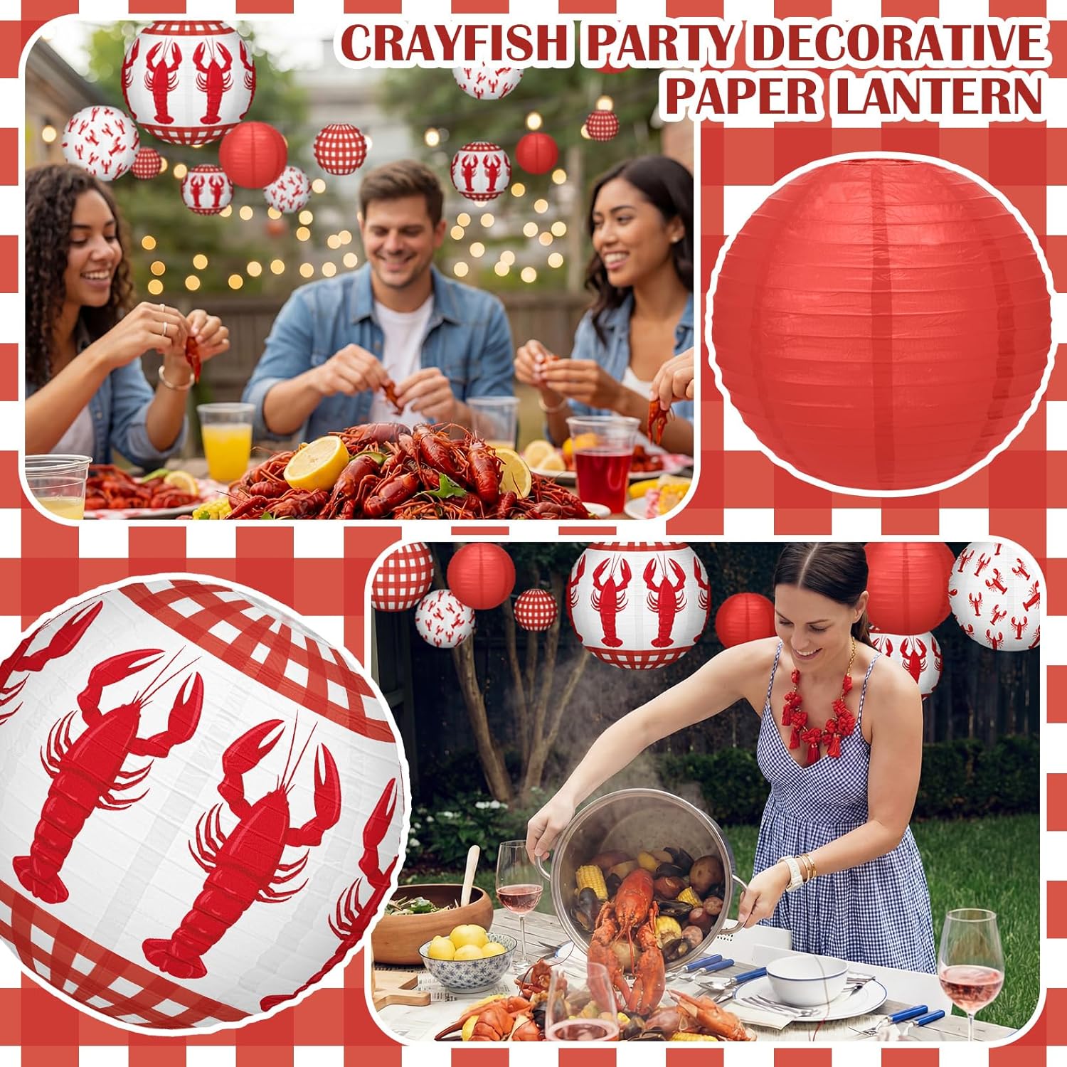 VIHOSE 12 Pcs Crawfish Boil Paper Lanterns 6'' 8'' 10'' 12'' Round Hanging Lanterns Red and White Plaid Red Crawfish for Indoor Outdoor Lobster Summer Shrimp Party Supplies Birthday Party Decorations