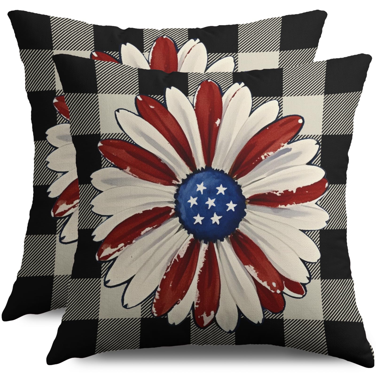 Smozenith Patriotic Daisy Floral Pillow Covers 16X16 Set of 2, Black Red White 4th of July Buffalo Plaid Decorative Throw Pillow Covers Outdoor