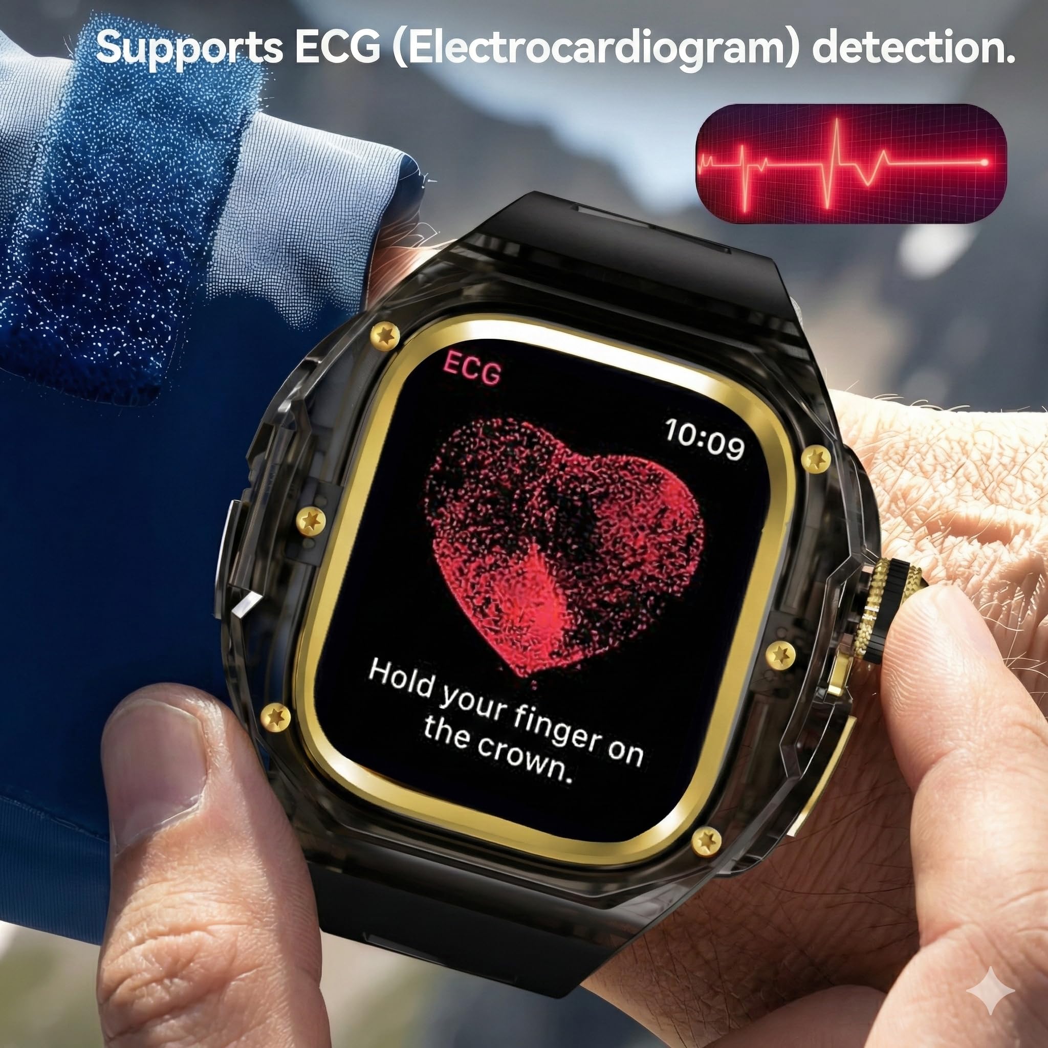 Wytrzymałe etui z paskiem kompatybilne z Apple Watch Ultra 3/2/1 49 mm, [Obsługiwana funkcja EKG] Metalowa osłona ochronna zderzaka z mechanizmem zatrzaskowym jednym kliknięciem, pasek
