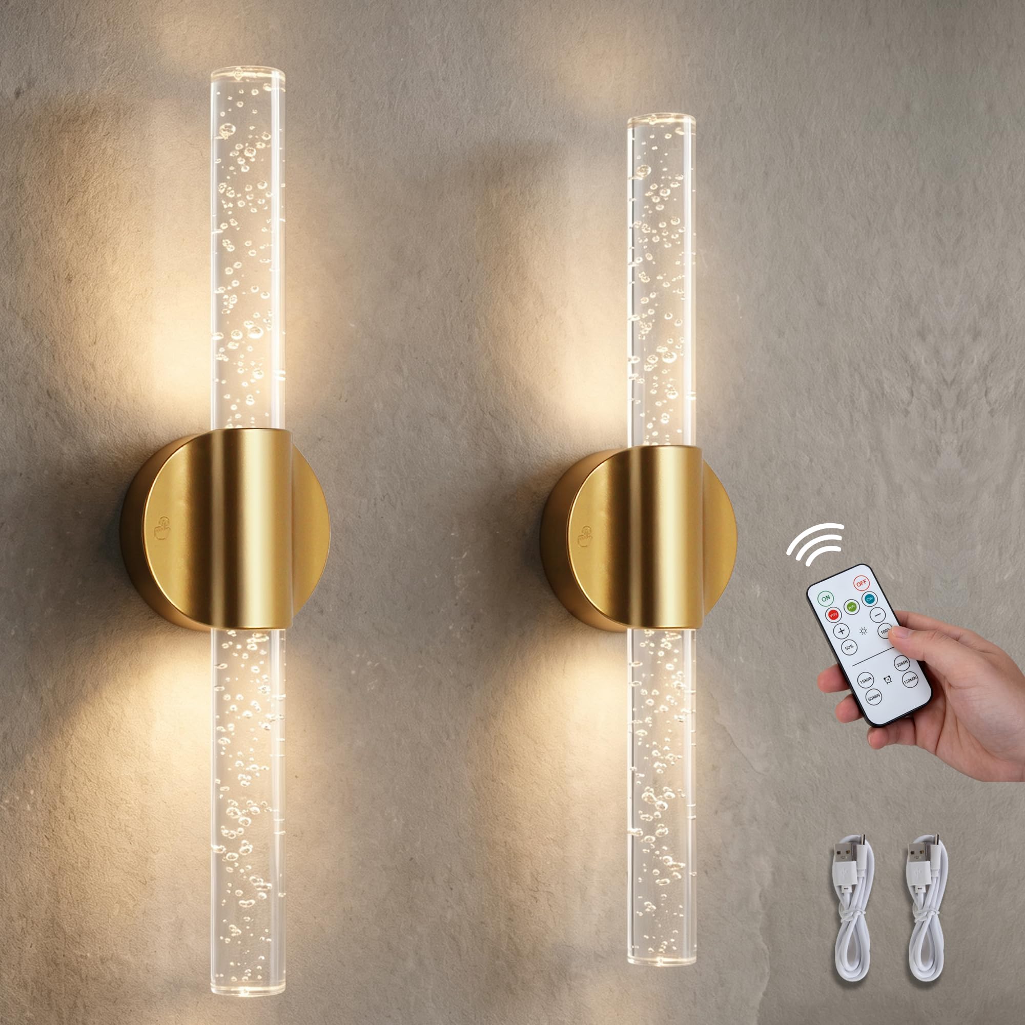 Photo 1 of SOLSKENLIGHT Battery Operated Wall Sconces Set of 2, Rechargeable Wall Lights with Remote Control & Dimmable, Wireless Wall Lamp Fixtures Not Hardwired for Bedroom Living Room Hallway (5400mAh, Gold)
