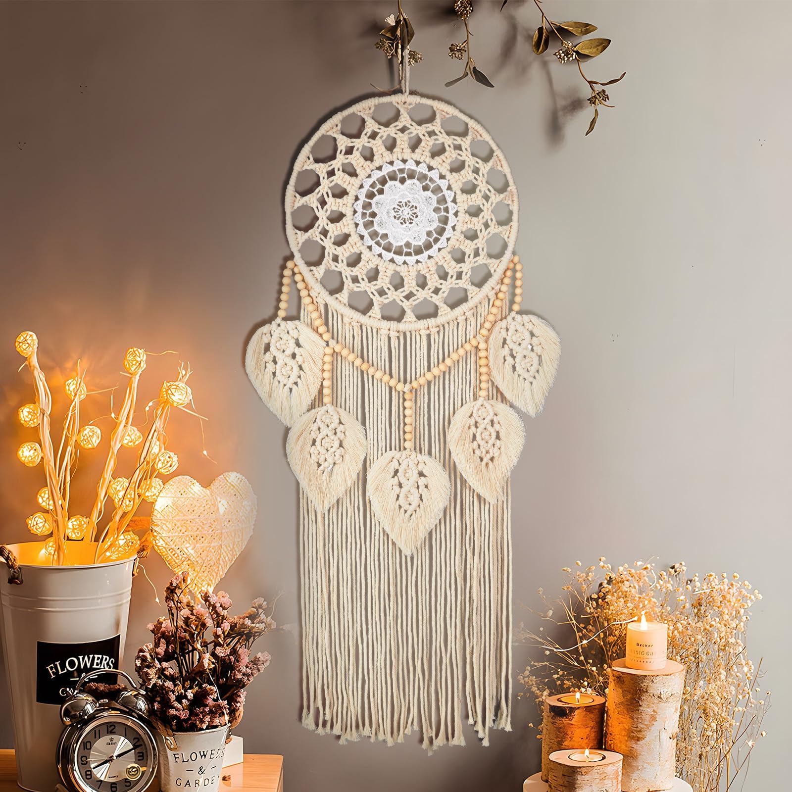Nice Dream Macrame Dream Catchers for Bedroom Adult Dream Catcher Wall Decor Large Boho Wall Hanging with 5 Woven Leaves Wood Beads Tassels Home Decoration Ornament Craft Gift
