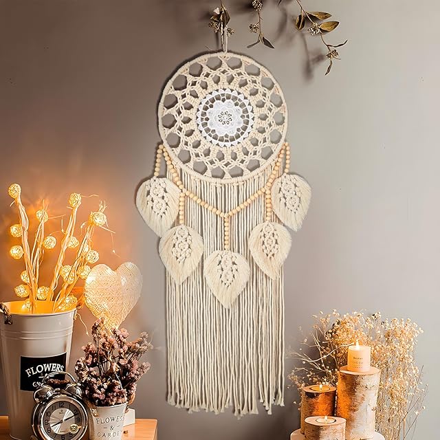 Nice Dream Makramowy łapacz snów, duży łapacz snów do sypialni, boho, dekoracja ścienna z 5 tkanymi liśćmi, drewniane koraliki, frędzle, dekoracja domu, ozdoba