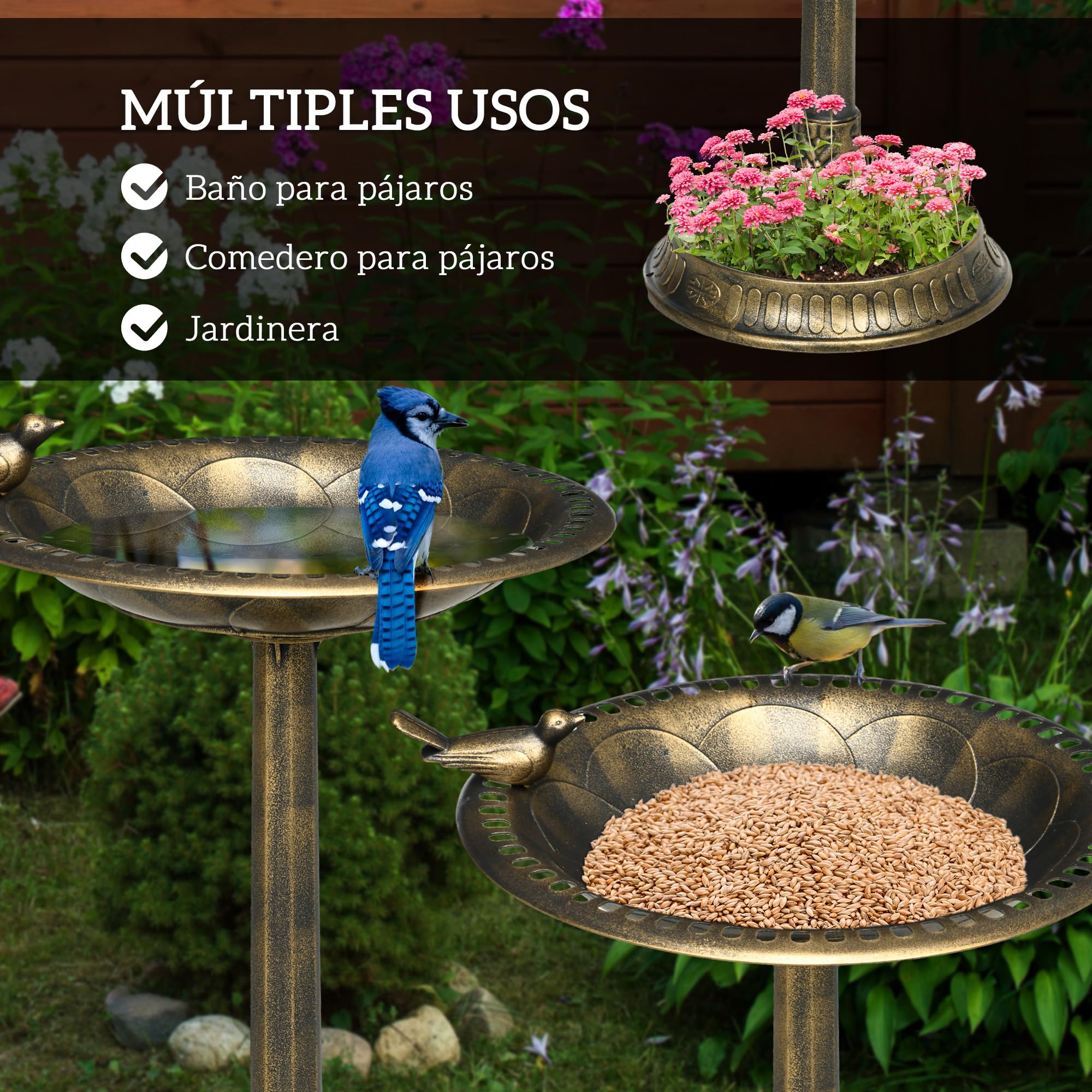 Outsunny Baño para Pájaros de Jardín Exterior, Altura 72 cm, Comedero para Pájaros con Diseño Retro y Elegante, Resistente a la Intemperie y Ligero, Bebedero para Aves al Aire Libre, Bronce