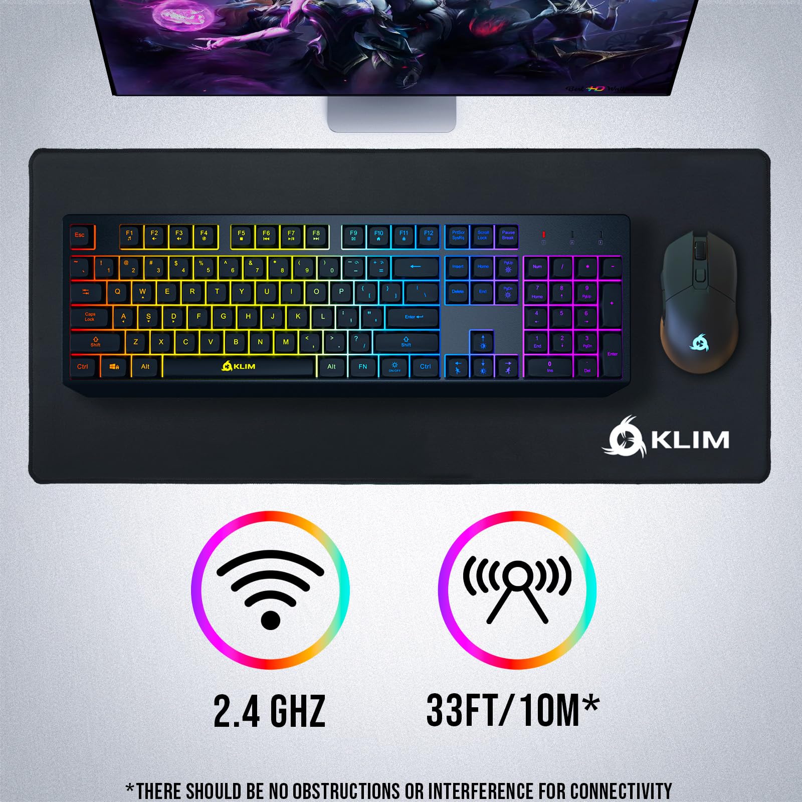 KLIM Chroma Wireless Gaming Keyboard RGB New - Long-Lasting Rechargeable Battery - Quick and Quiet Typing - Water Resistant Backlit Wireless Keyboard for PC PS5 PS4 Mac - Black — view 6