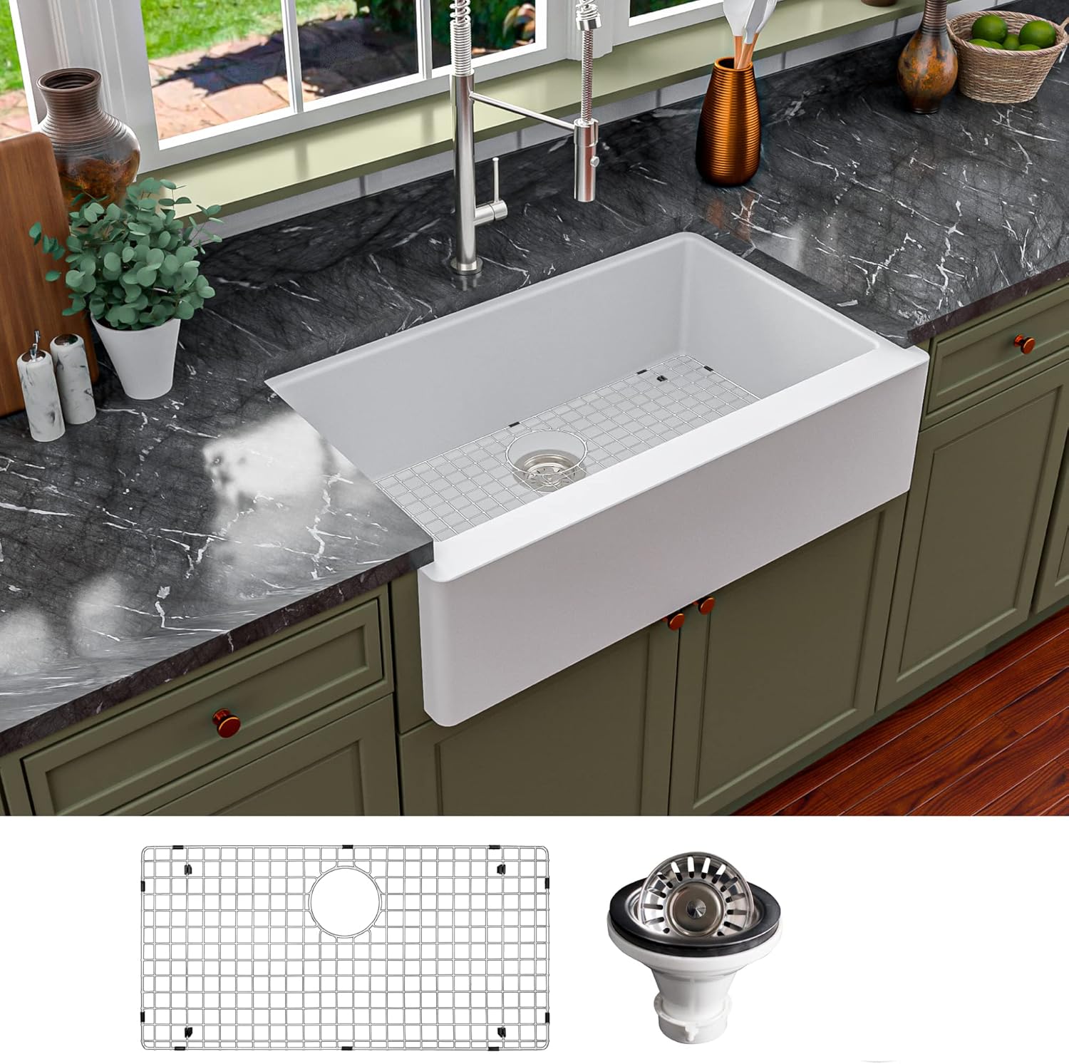 Karran 34" Farmhouse/Apron Front Quartz Composite Single Bowl Kitchen Sink Kit in White