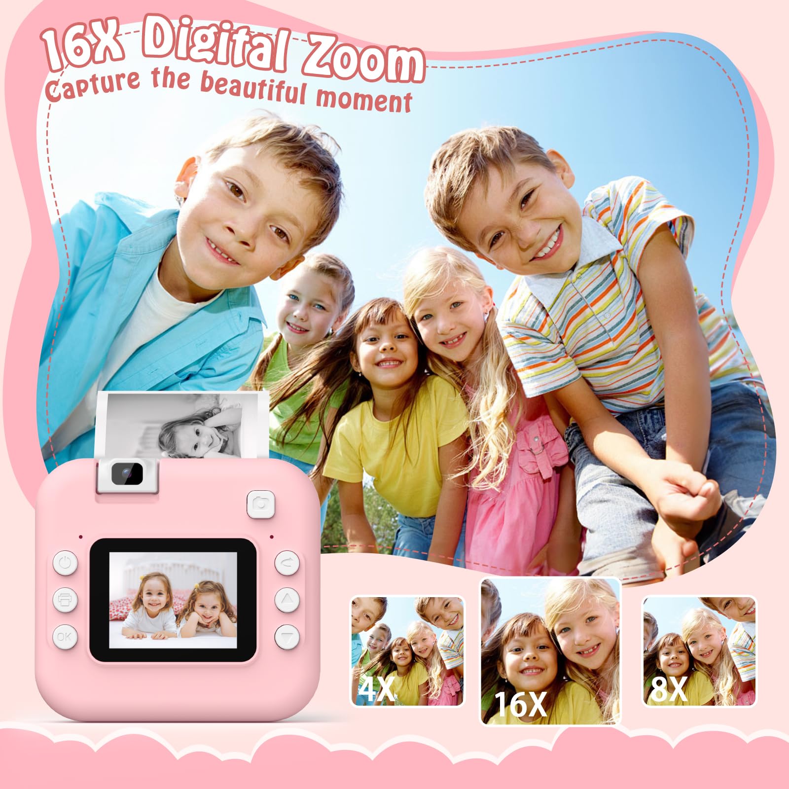 Teoryieer Cámara de Fotos Instantánea, Pantalla HD de 2.0 Pulgadas y 48 MP, 1080P cámara de Fotos Infantil, Tarjeta de 32 GB y 3 Rollos de Papel de Impresión, Ideal para Niños de 3 a 12 Años (Rosa) — view 5