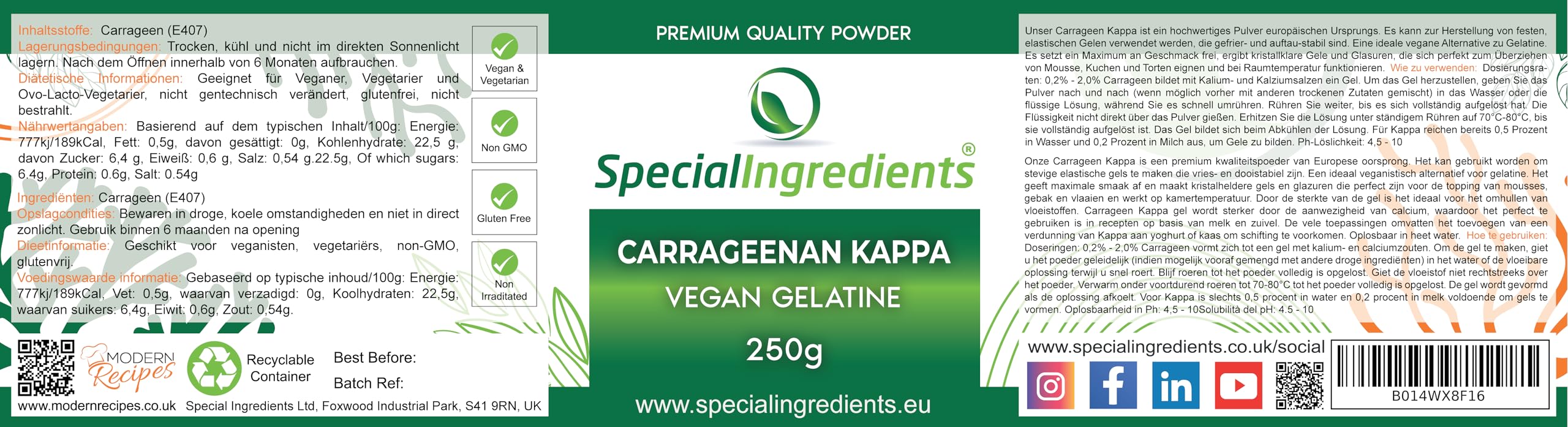 Special Ingredients Kappa-Carrageenan Pulver 250g Höchster Qualität, Vegan, GVO-frei