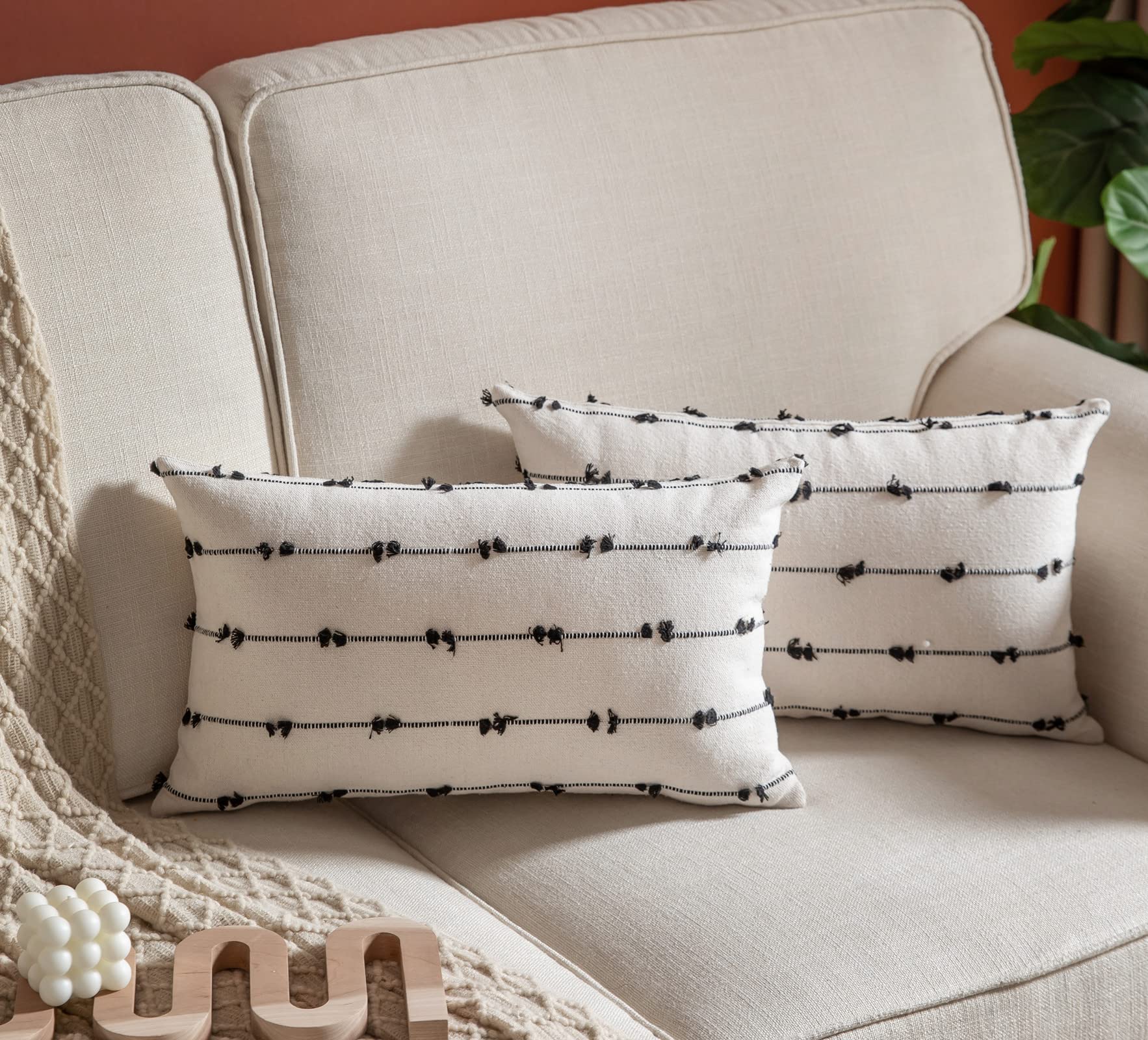 Caflife Boho Throw Pillow Covers 12x20 inches Beige and Black, Set of 2 Modern Farmhouse Decorative Pillow Covers for Couch Bed, Living Room