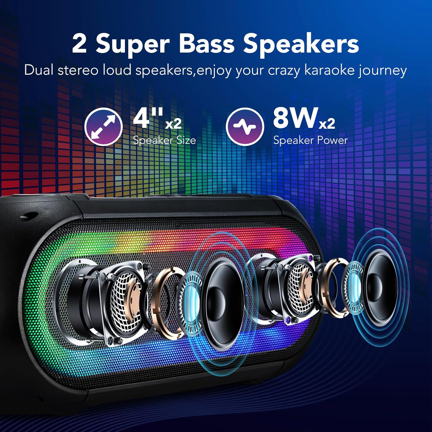 Delxo Karaoke Machine with 2 Wireless Microphones for Adult, Powerful Portable Bluetooth Speaker Loud for Party, PA System Remote Singing Machine with LED Lights, Support BT TWS USB TF, Gift - Image 2