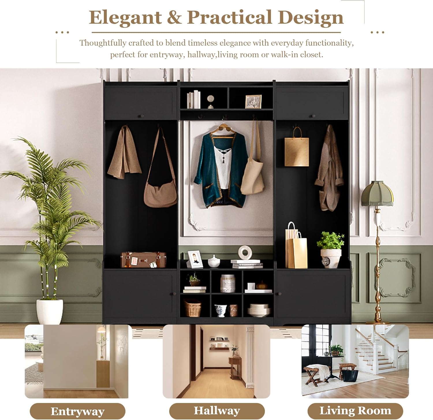 Merax Hall Tree with Shoe Storage, 4-in-1 Entryway Bench with Coat Rack & Adjustable Shelf & Top Storage for Hallway, Black