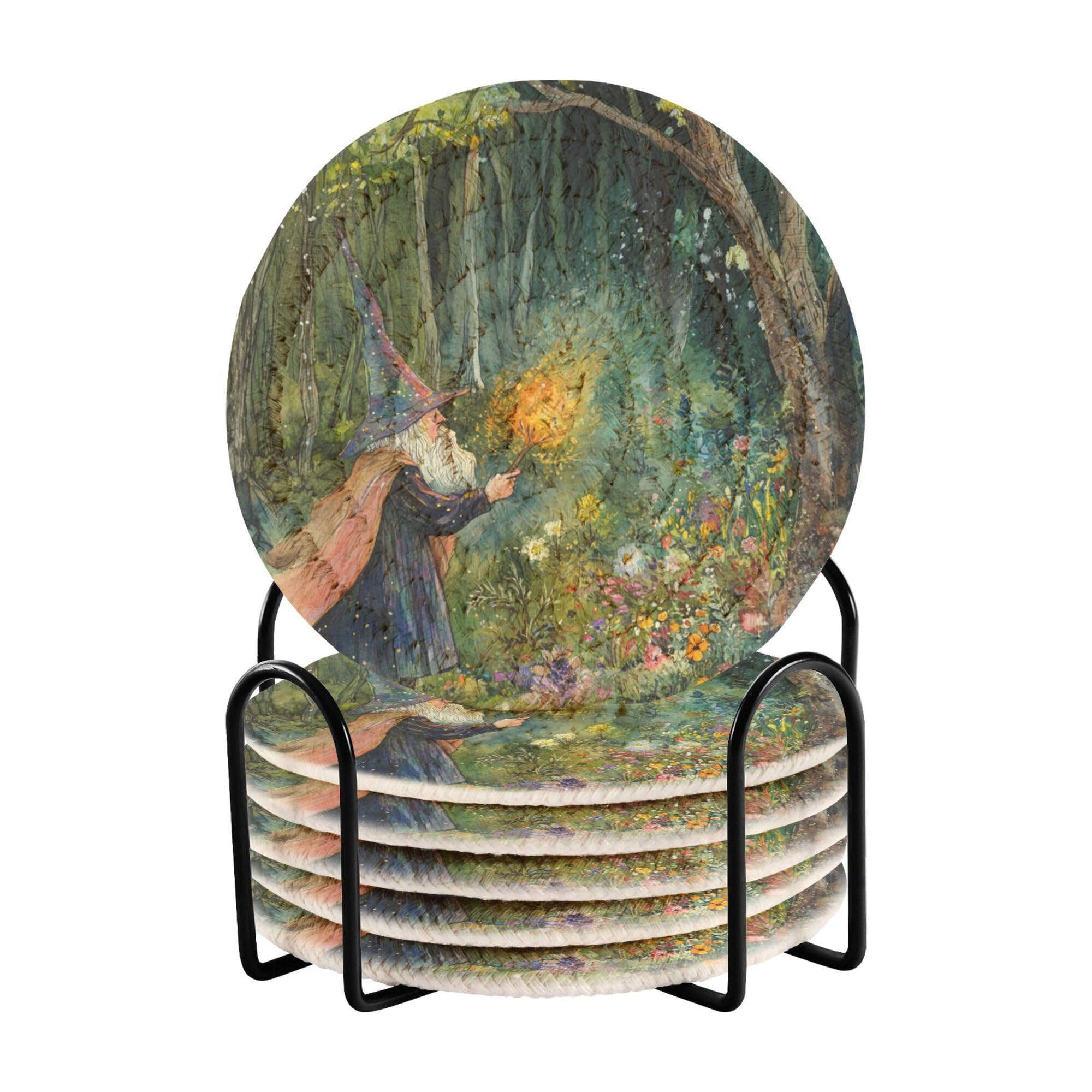 Wizard Casting Spells in Magic Cotton Rope Drink Coasters Set and Holder Set of 6 Coffee Table Coasters
