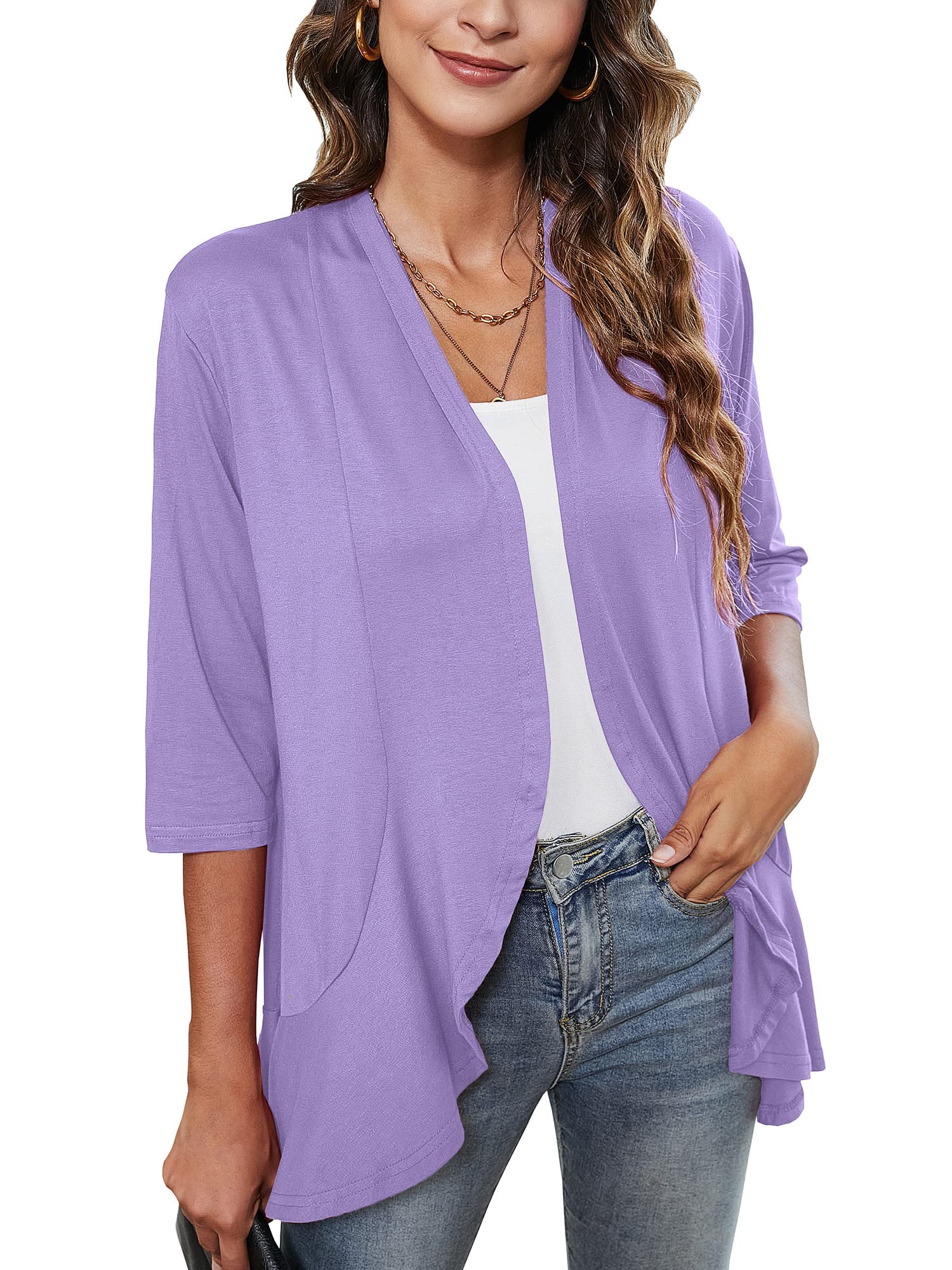 Women Casual Lightweight Open Front Solid 3/4 Sleeve Draped Ruffles Kimono Cardigan