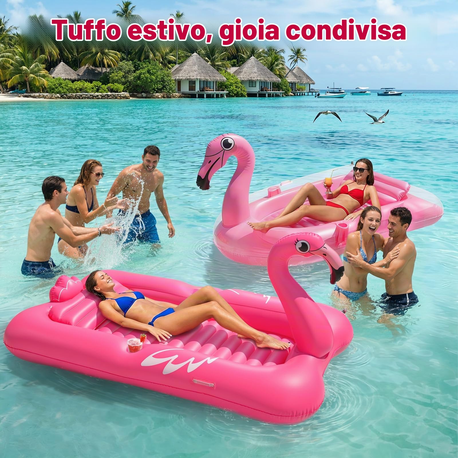 HeySplash Piscina Gonfiabile per Abbronzatura, Lettino Flamingo con Portabicchieri, Gonfiabili per Adulti, Materassino con Maniglie e Cuscino Staccabile per Spiaggia ed Estate (210x128 cm)
