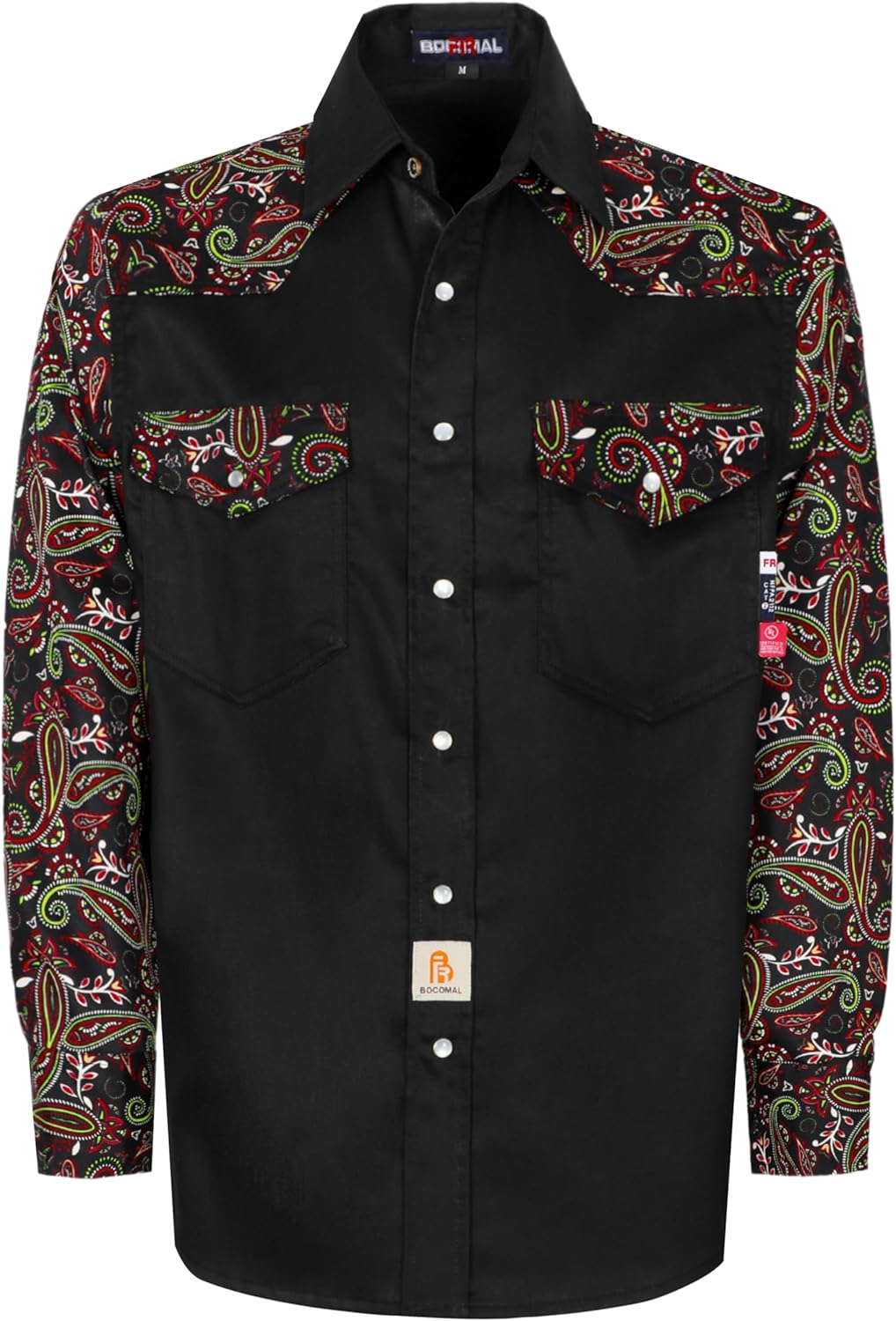 BOCOMAL FR Shirts Pearl Snaps Two Tone Plaid/Solid Flame Resistant Cotton Welding Shirt NFPA 2112 CAT 2