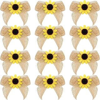 Syhood 12 Pieces Sunflower Burlap Bow 3 Inch Summer Artificial Handmade Wreath Bow Fall Natural Sunflower Decor for Crafts Summer Fall Christmas Tree DIY Home Decoration
