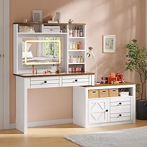 Vanity Mirror with Lights, Makeup Vanity Desk with 5 Drawers, 6 Open Storage Shelves, Large Extendable Dressing Table with Charging Station, Glass Top, Antique White