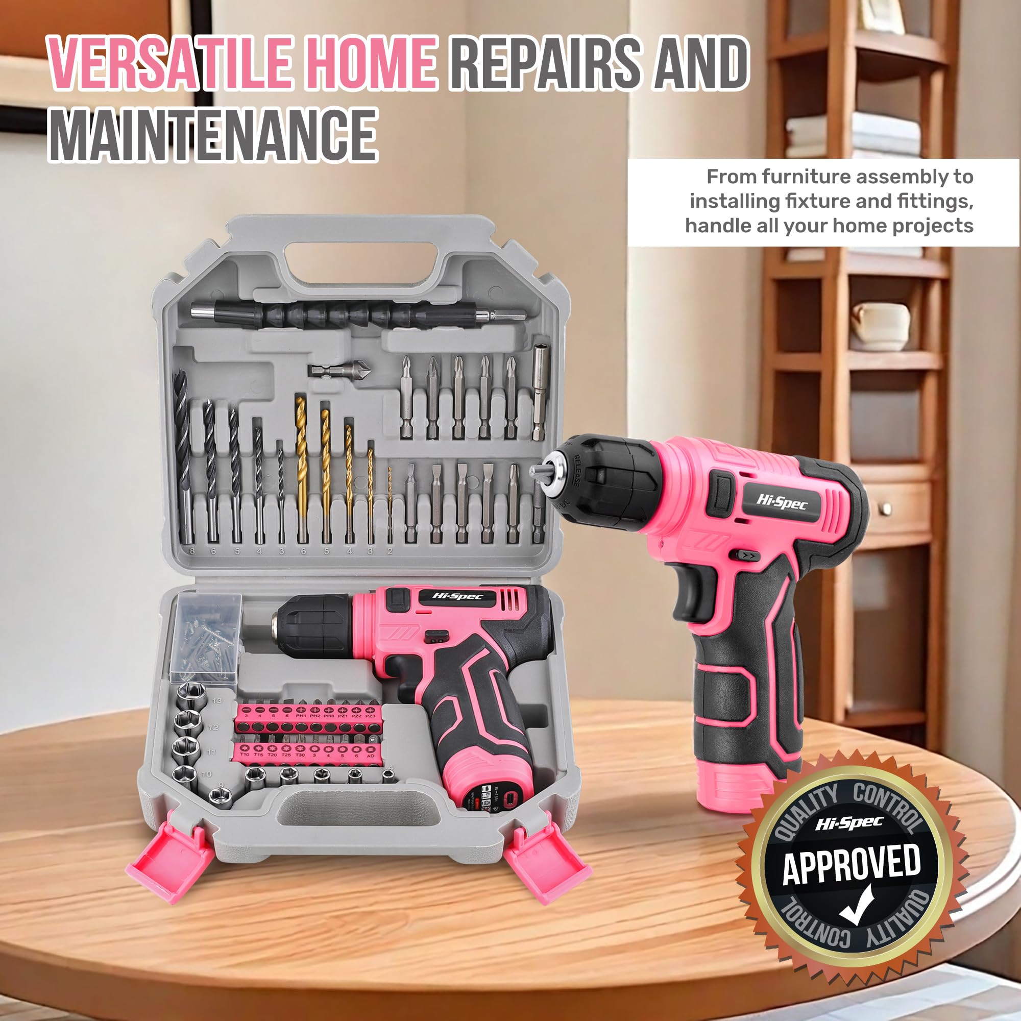 Hi-Spec Trapano Avvitatore a Batteria 8V, Trapano Elettrico Senza Fili con Set 110 Pezzi (Punte Trapano, Bussole e Inserti), per Forare e Avvitare in Casa, Valigetta Portatile, Rosa