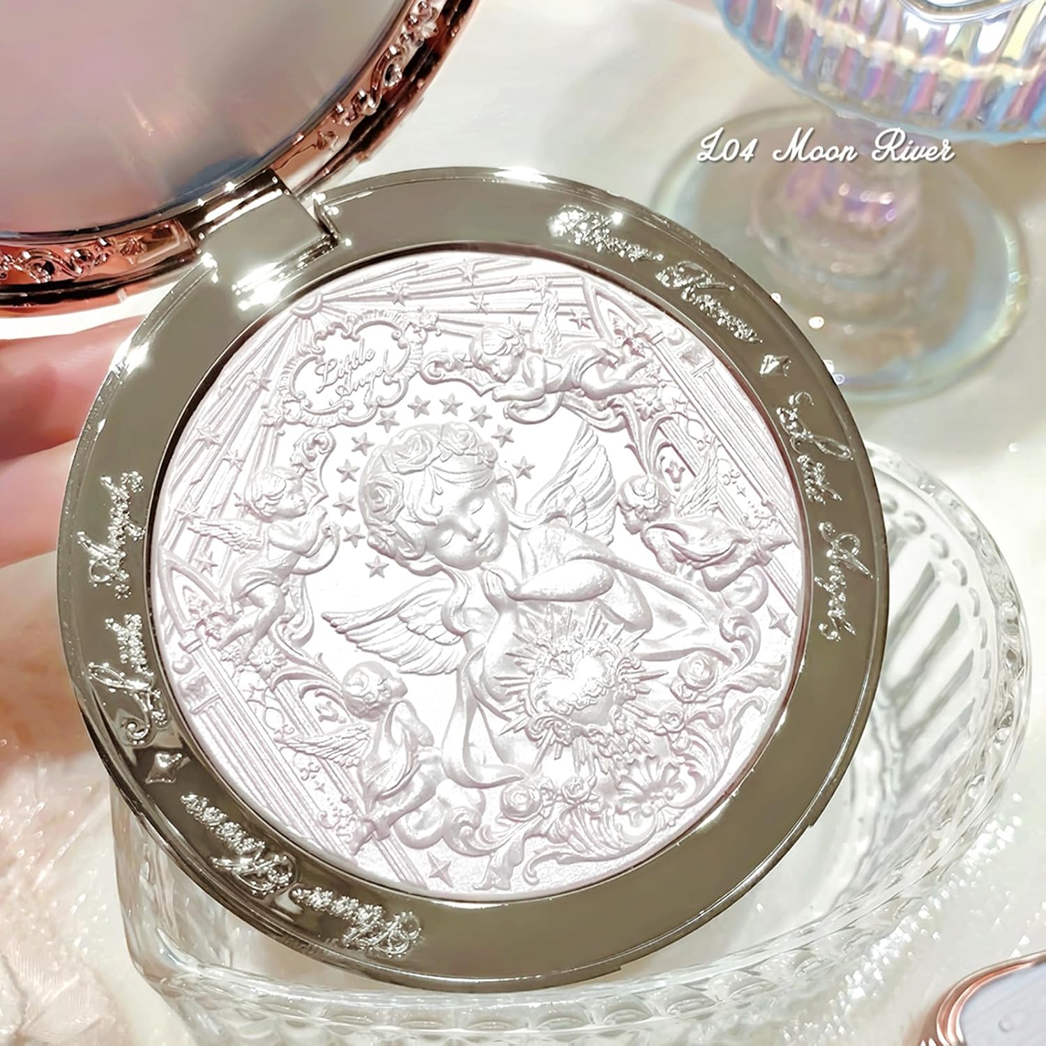 Flower Knows Little Angel Embossed Highlighter - Cool Starlight Highlighter Powder,Long-Lasting Ethereal Starry Glow,Cool Blue-Purple & White Pearl Shimmer,Galaxy-Inspired(L04 Moon River) - Image 7