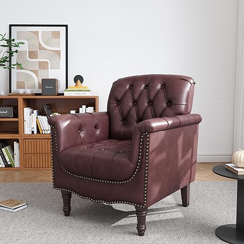 Miniatura 18 de UIXE - Juego de 2 sillas decorativas de cuero sintético, cómodo sillón tapizado para sala de estar, silla con botones decorativos y brazos, sofá