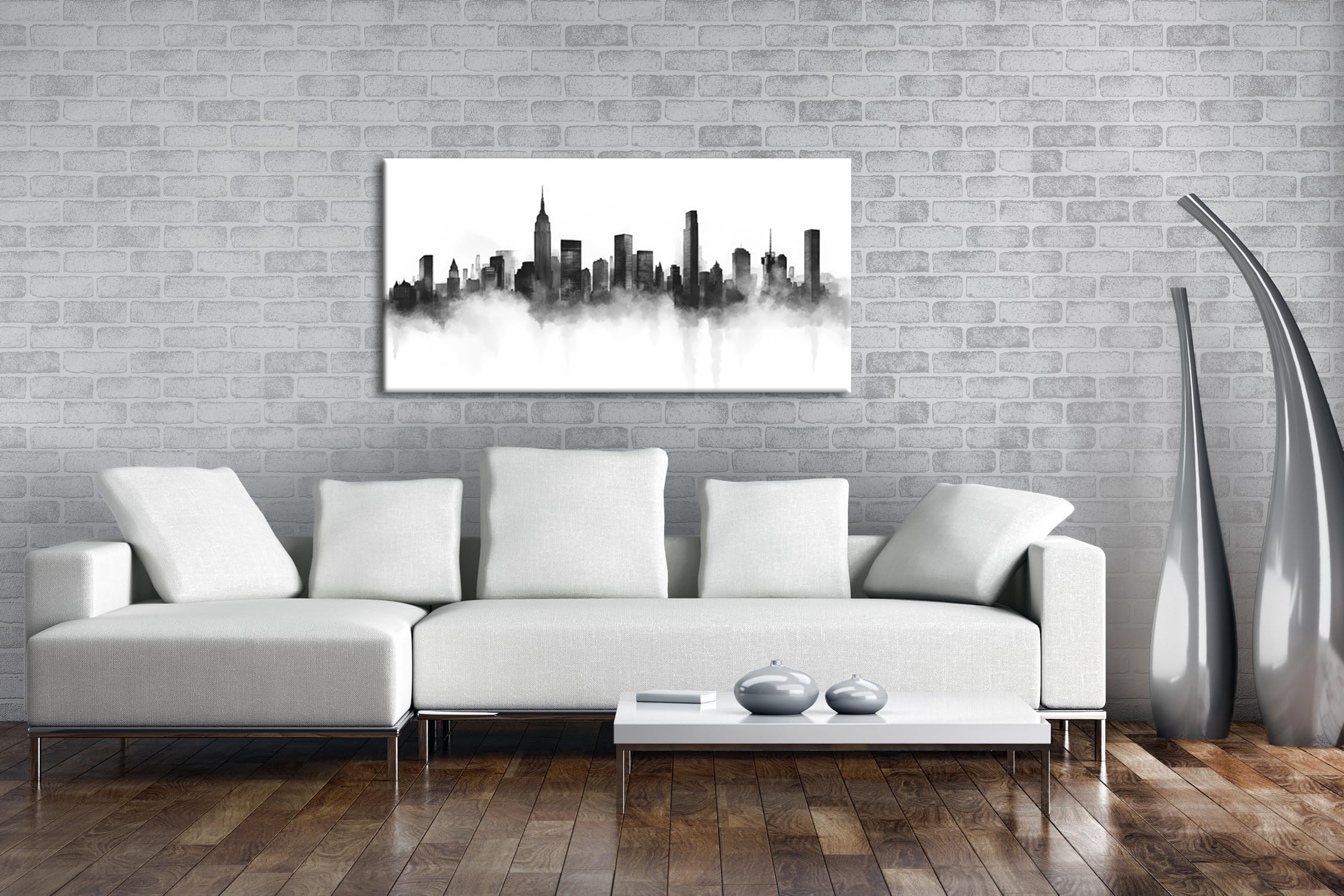 Schwarz-weiße Skyline, in Nebel gehüllt, zeigt urbane Eleganz Panorama 120x60cm Effekt:Schwarz&Weiß XXL Kunstdruck Motiv auf Holzrahmen/Leinwandbild/Wandbild/Wohnzimmer Dekoration