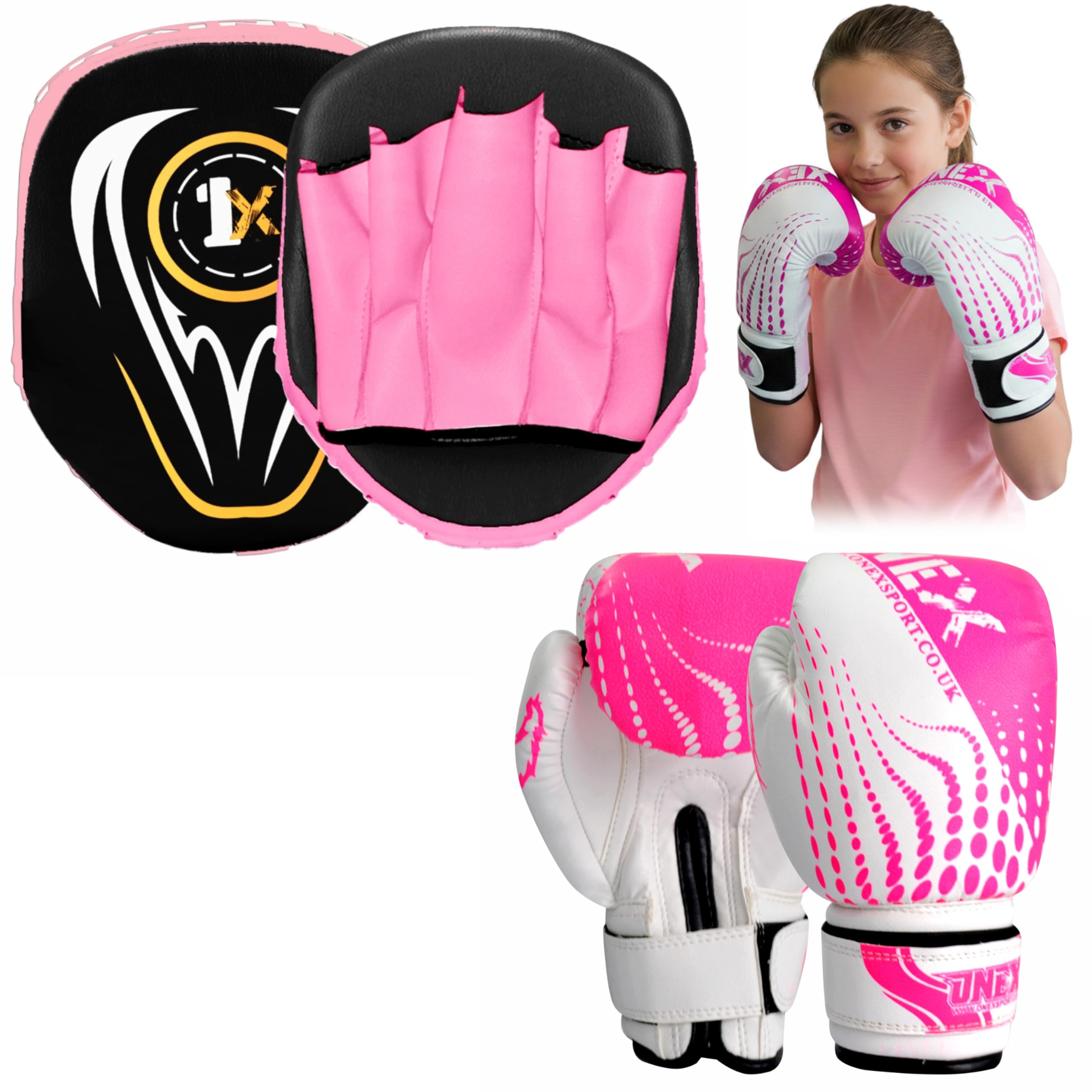 Boxing Gloves & Focus Pads Set – 6oz 4oz 2oz Gloves Hook & Jab Pads for Training, Kickboxing, Muay Thai, Punching, Sparring, MMA, Martial Arts, Taekwondo, Home & Gym Workout (PINK, 6oz)