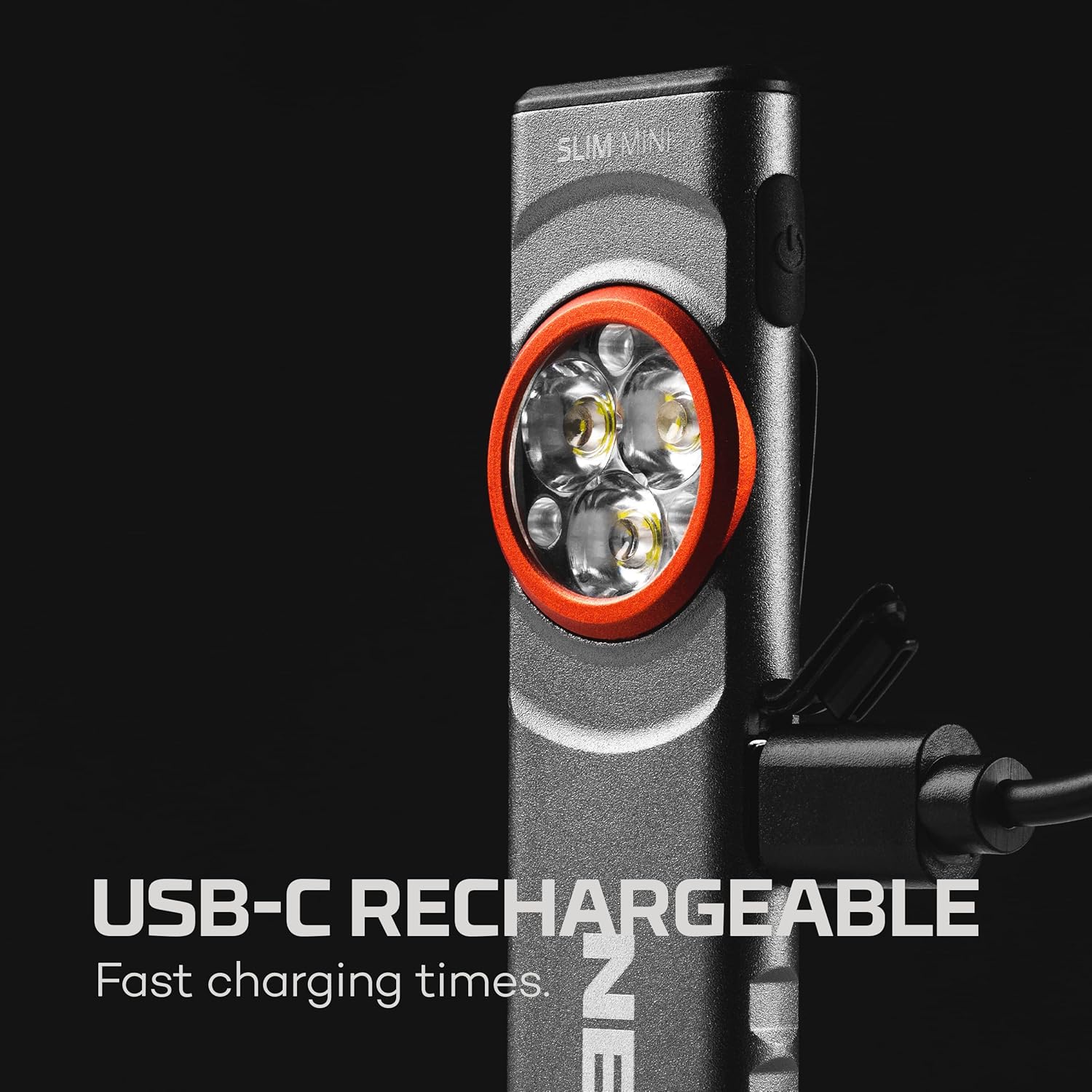 NEBO SLIM Mini connected to a USB-C charging cable