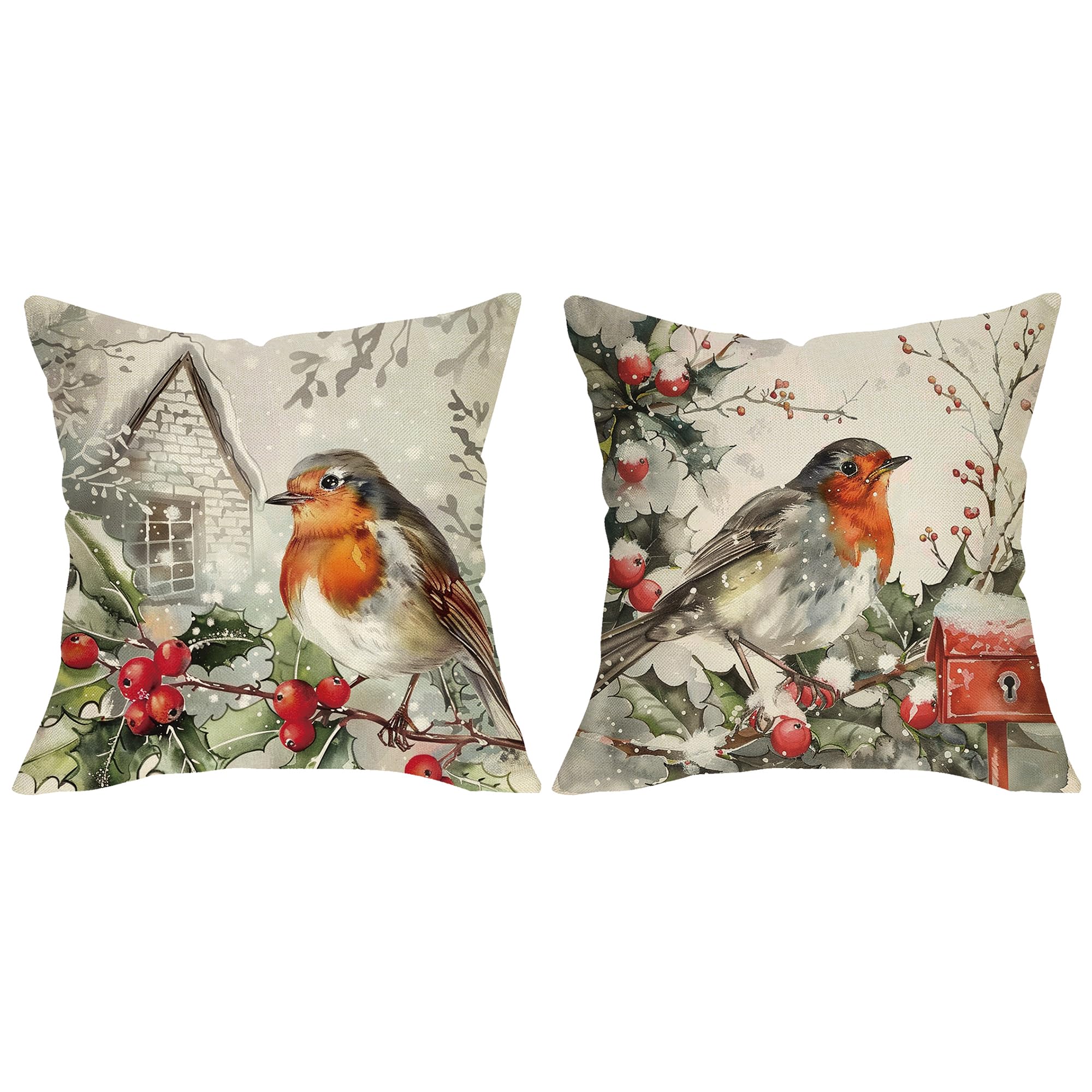 Fahrendom Winter Robin Birds Decorative Throw Pillow Covers 18 x 18 Set of 2 Snowy Holly Berry Cabin