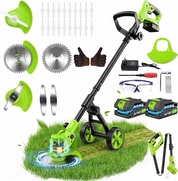 Débroussailleuse sans fil 21 V avec 2 batteries, 4 types de lames, roues amovibles, largeur de coupe 15 cm