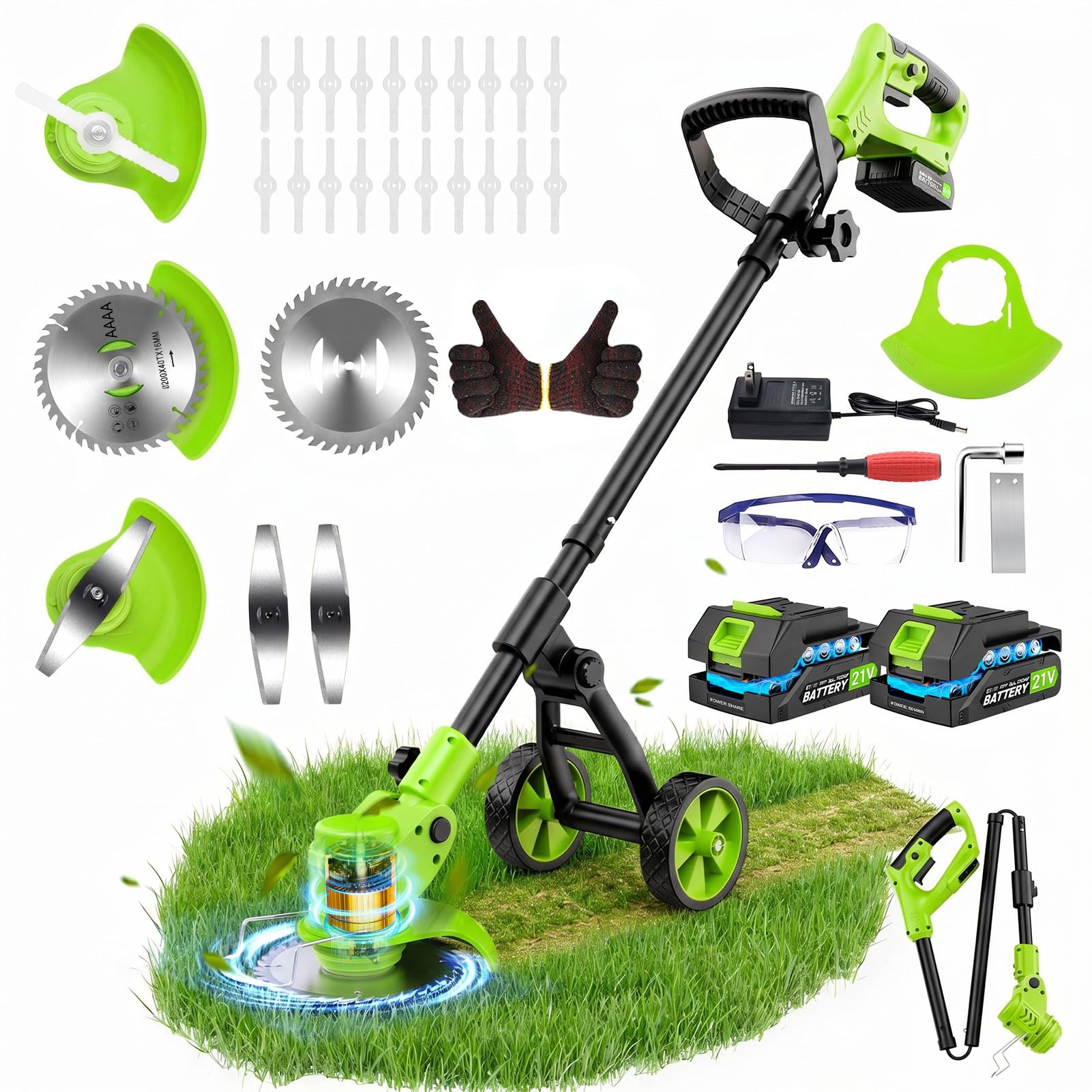 Desbrozadora a Batería Plegable con Ruedas 21V, Cortabordes Eléctrico con 2 Baterías, Cortabordes Bateria Cargador, Telescópico Cortabordes Electrico 3 en 1 para Césped, Jardín