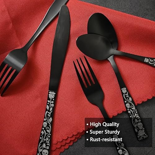 Miniatura 3 de IFERRENS Juego de cubiertos negros mate de 40 piezas para 8, juego de cubiertos decorativos con diseño de rosa de calavera 180, acabado de manchas