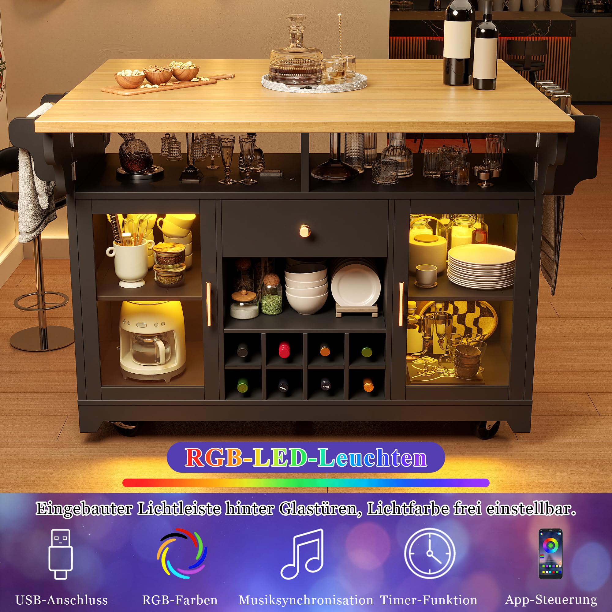 îlot de cuisine avec éclairage LED, plateau de table rabattable des