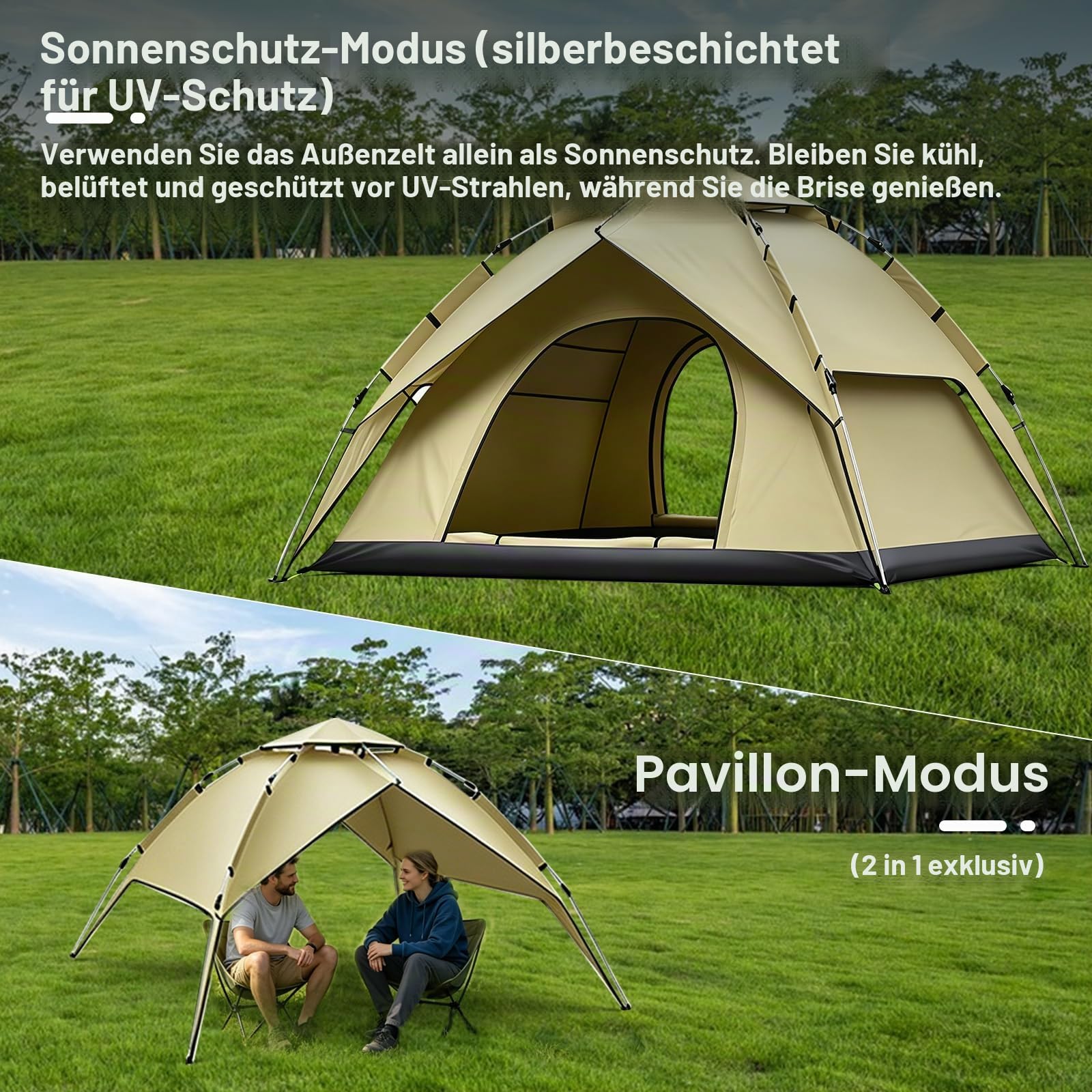 Pop-Up-Zelt für 3-4 Personen, Automatischer Aufbau in 10 Sekunden, Doppelwandiges, Wasserdichtes und UV-beständiges Kuppelzelt mit Tragetasche für Camping Wandern Strand