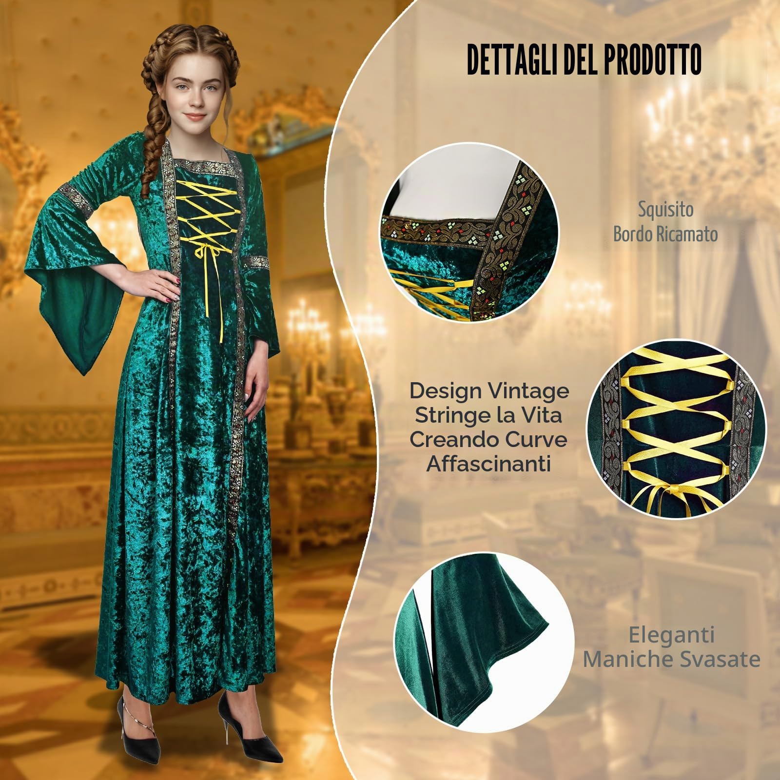 Abito da donna retrò medievale con maniche a tromba, abito medievale in velluto vittoriano, abito rinascimentale irlandese, carnevale, Halloween, feste da principessa