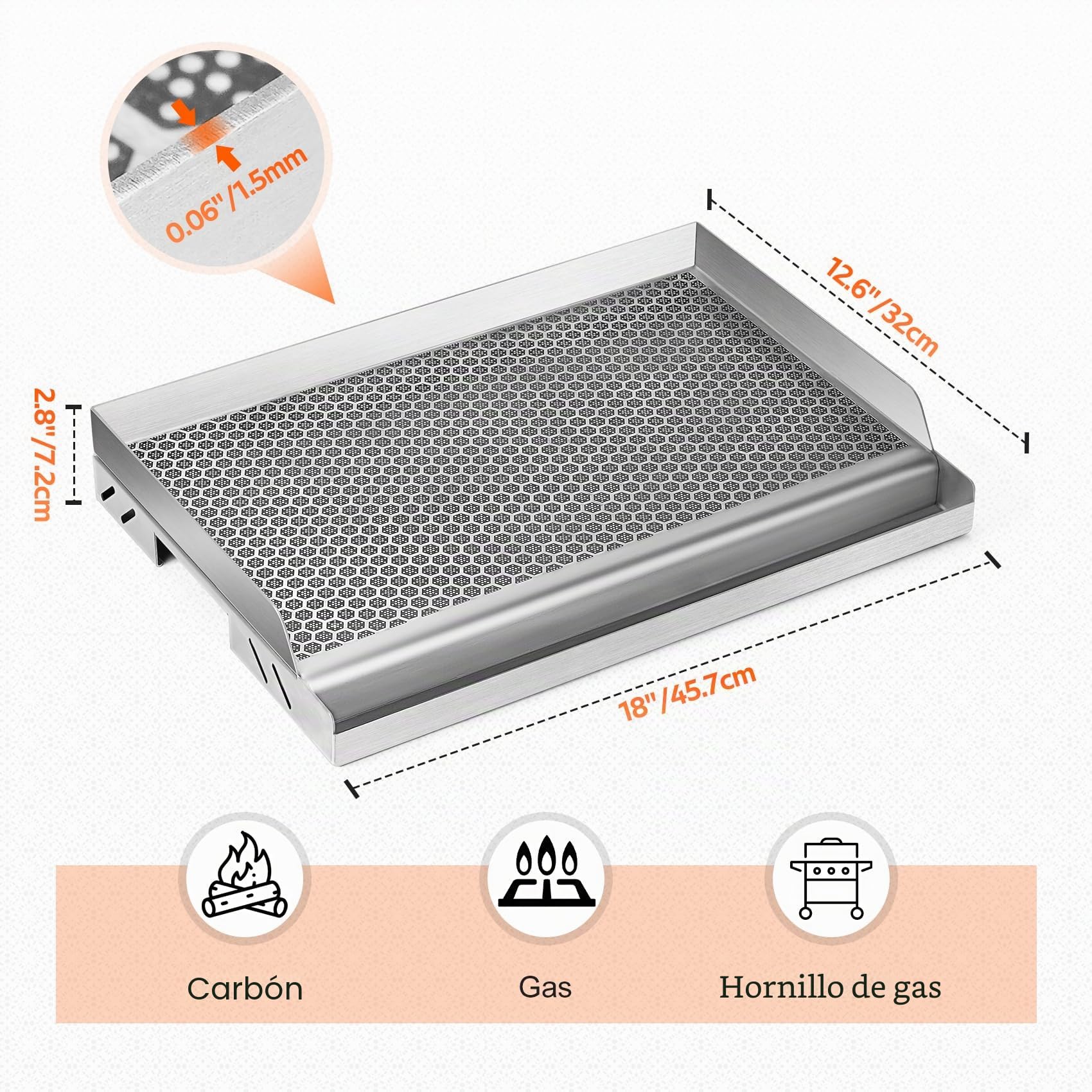 onlyfire Plancha con Estructura Alveolar, Plancha Universal para Barbacoa Acero Inoxidable, Plancha Barbacoa para Parrilla de Gas, Parrilla de Carbón y Encimera de Gas, 1,5mm de Grosor, 45,7x32x7,2cm