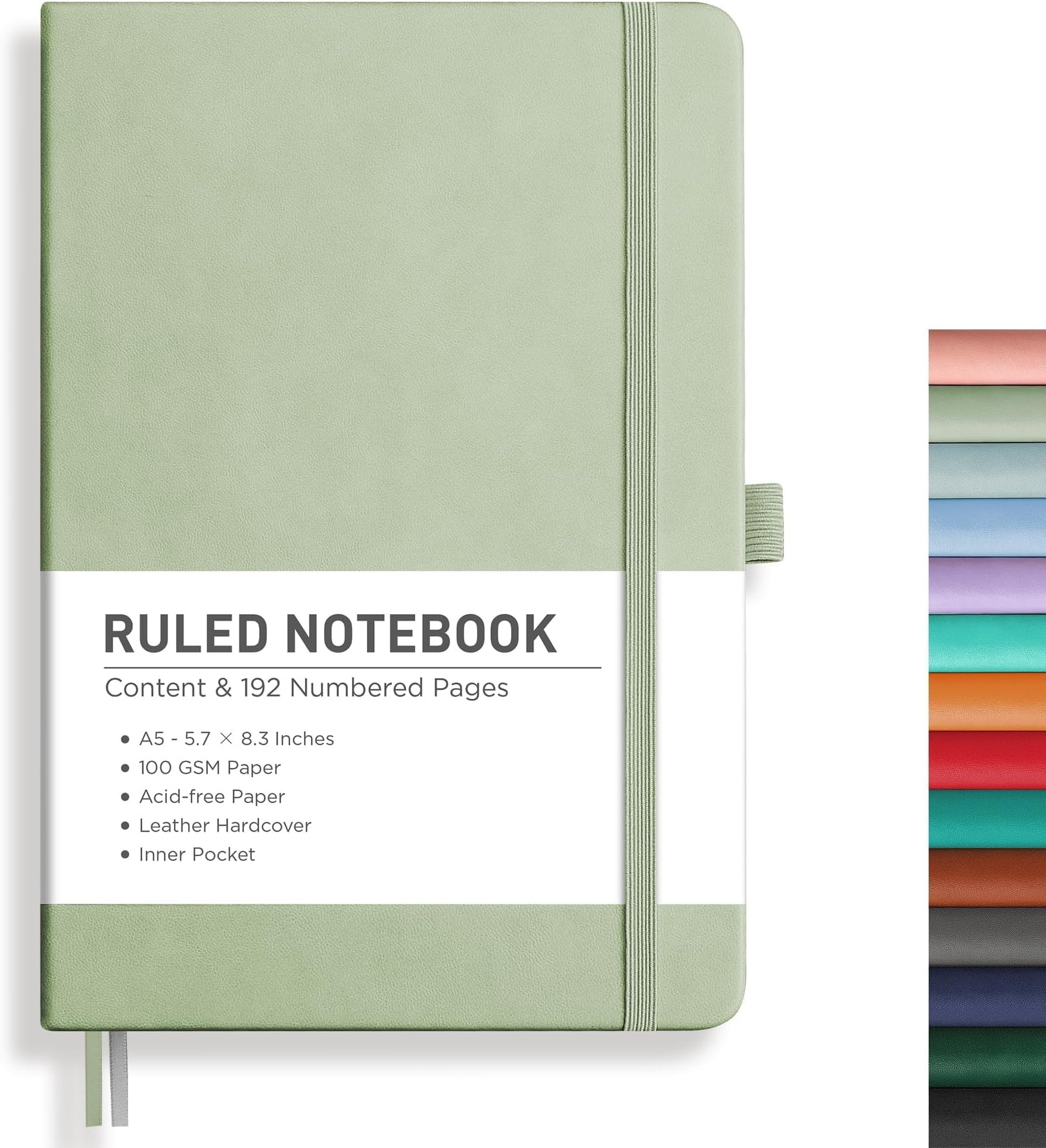 Lined Journal Notebook, 192 Numbered Pages, A5 Medium Size (5.7'' x 8.3''), for Men & Women, Journaling, Writing, Work & Office, Leather Hardcover, 100 GSM Thick Paper (Light Green)
