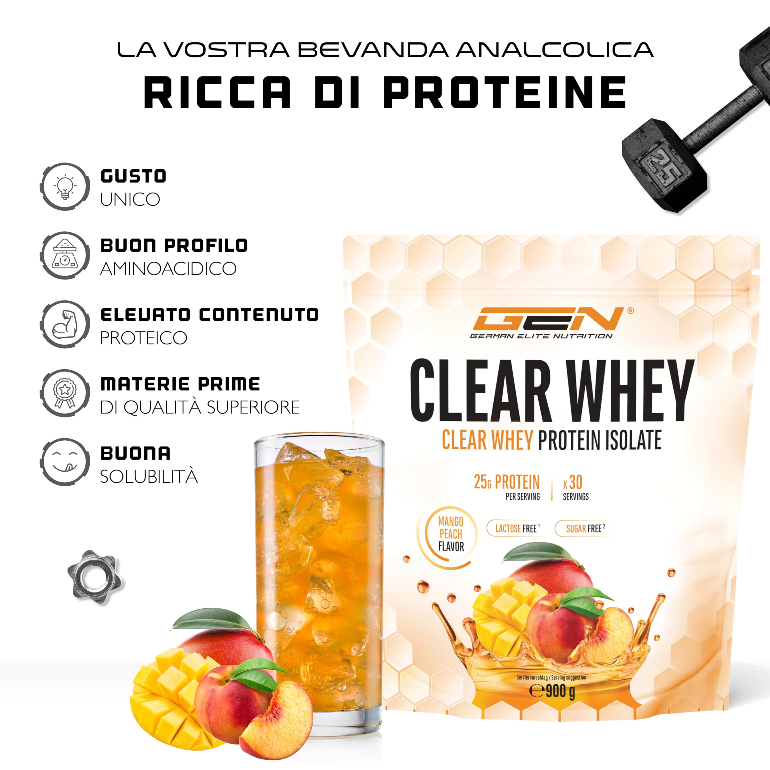 Clear Whey Isolate Protein Shake - Frullato Proteico Fruttato e Rinfrescante - Proteine Isolate del Siero di Latte di Alta Qualità (900 g, Mango e Pesca)
