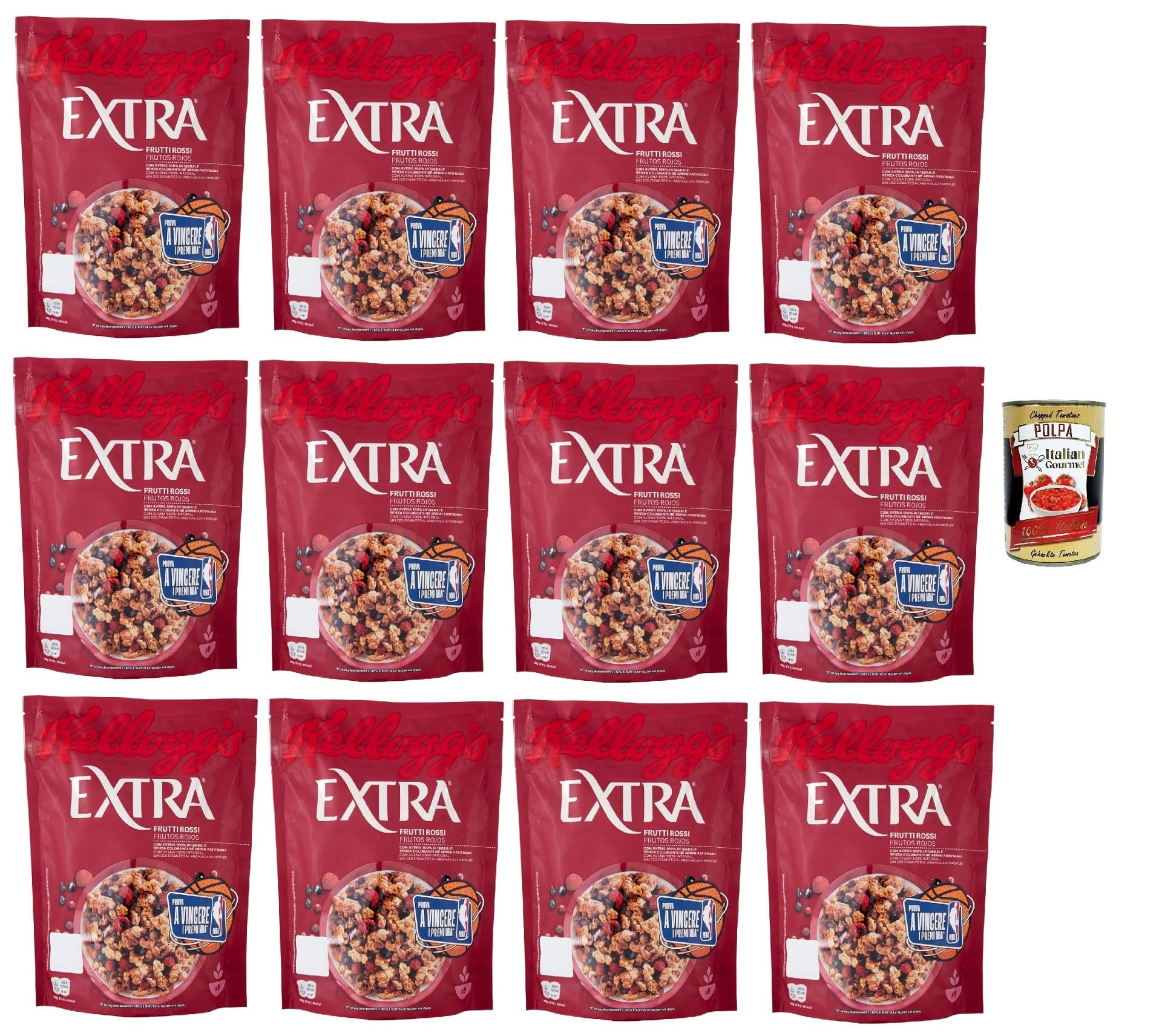 Italian Gourmet Extra Frutti Rossi fiocchi d'avena Knusper Müsli 12 x 375g | Con pezzi di frutta rossa; Hafer-Crunch für Frühstück, Joghurt und Snack, Gesamtnettogewicht 4,5 kg + Kostenlos Polpa 400g