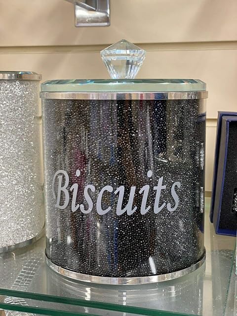 Diamond Crushed Biscuit Cookies Canister Jar Tin Kitchen Storage containers Silver Trimmings Crystal Filled ideal gift (BLACK)
