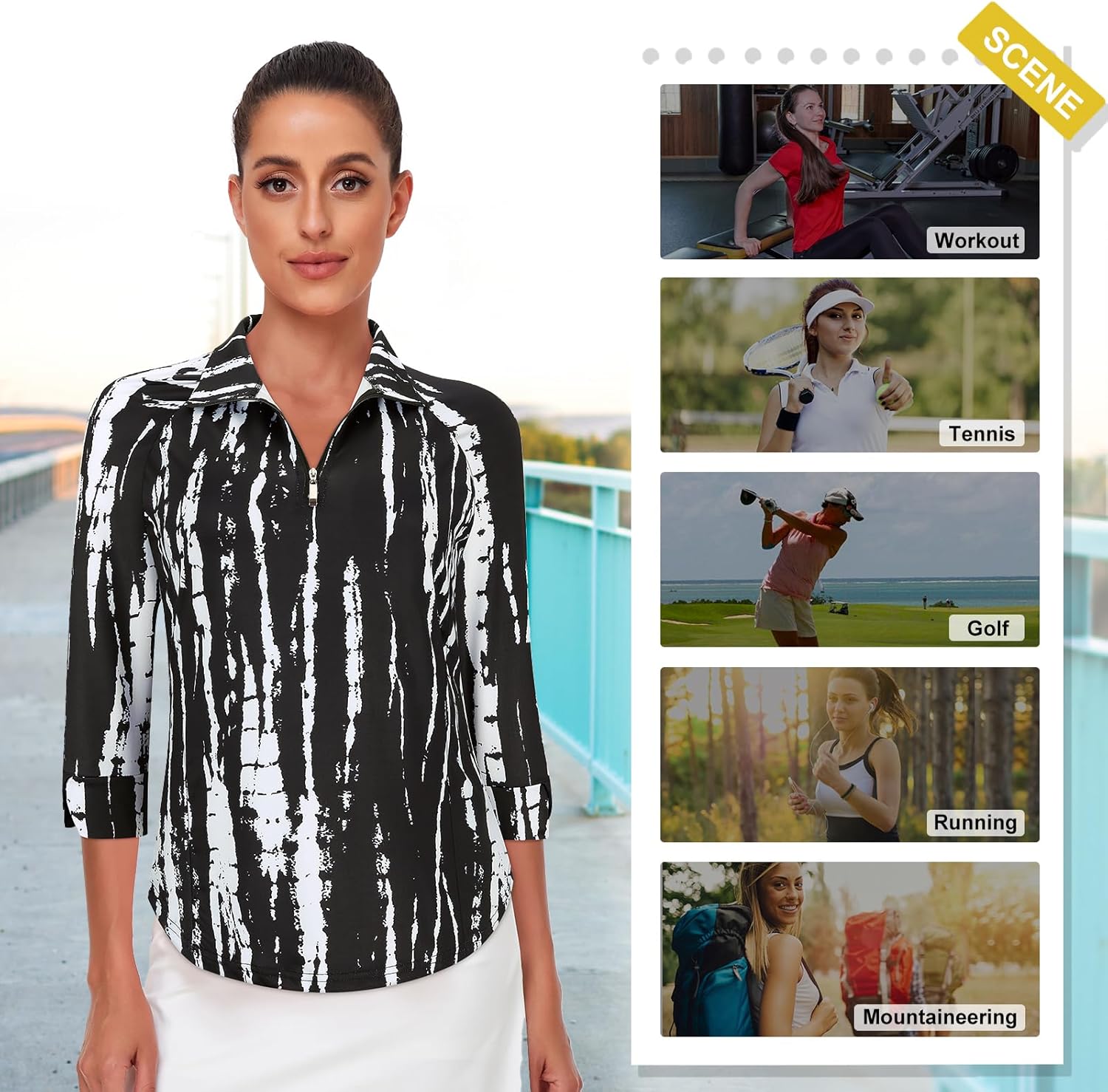 Cucuchy Style Womens Golf Shirt 3/4 Sleeve Quarter Zip Workout Tennis Tops Quick Dry UPF 50+ Shirts