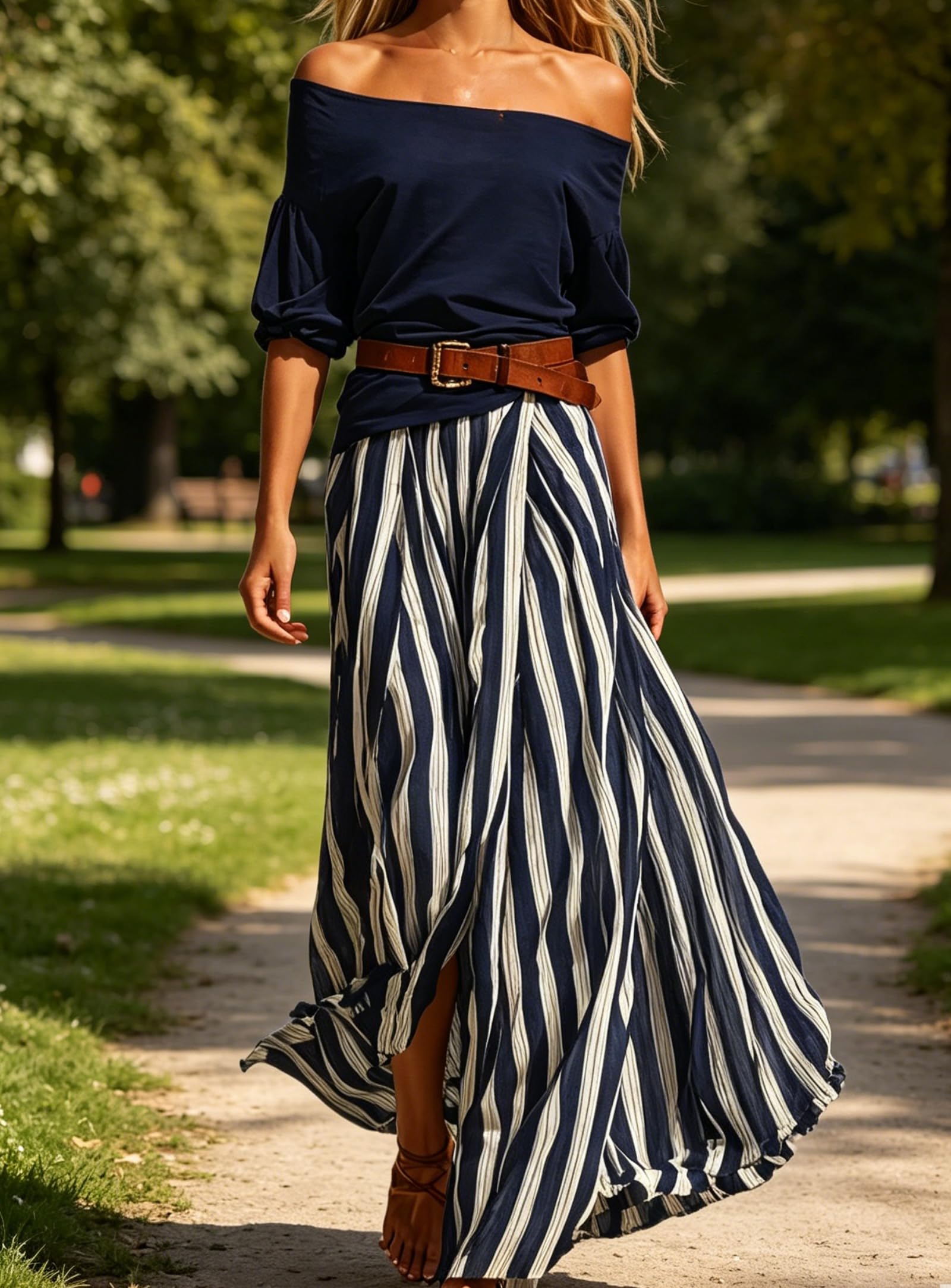Genérico Conjunto de dos piezas de verano para mujer: top de manga corta con hombros descubiertos y falda larga de talle alto a rayas, vestido bohemio fluido con cinturón.