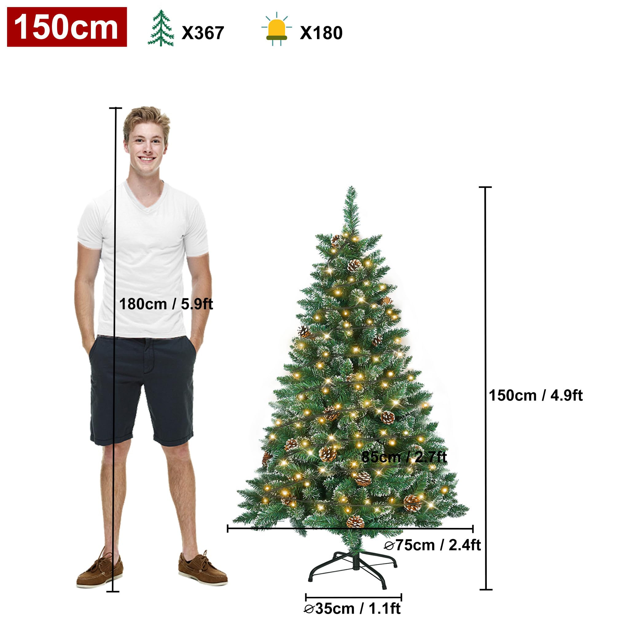 LILIIN 150CM Weihnachtsbaum Künstlich, Tannenbaum mit Beleuchtung, Kunstbaum Weiß&Grün mit Schnee-Effekt+Kiefernzapfen, PVC Christbaum inkl. Ständer(1.5M, Mit Beleuchtung)
