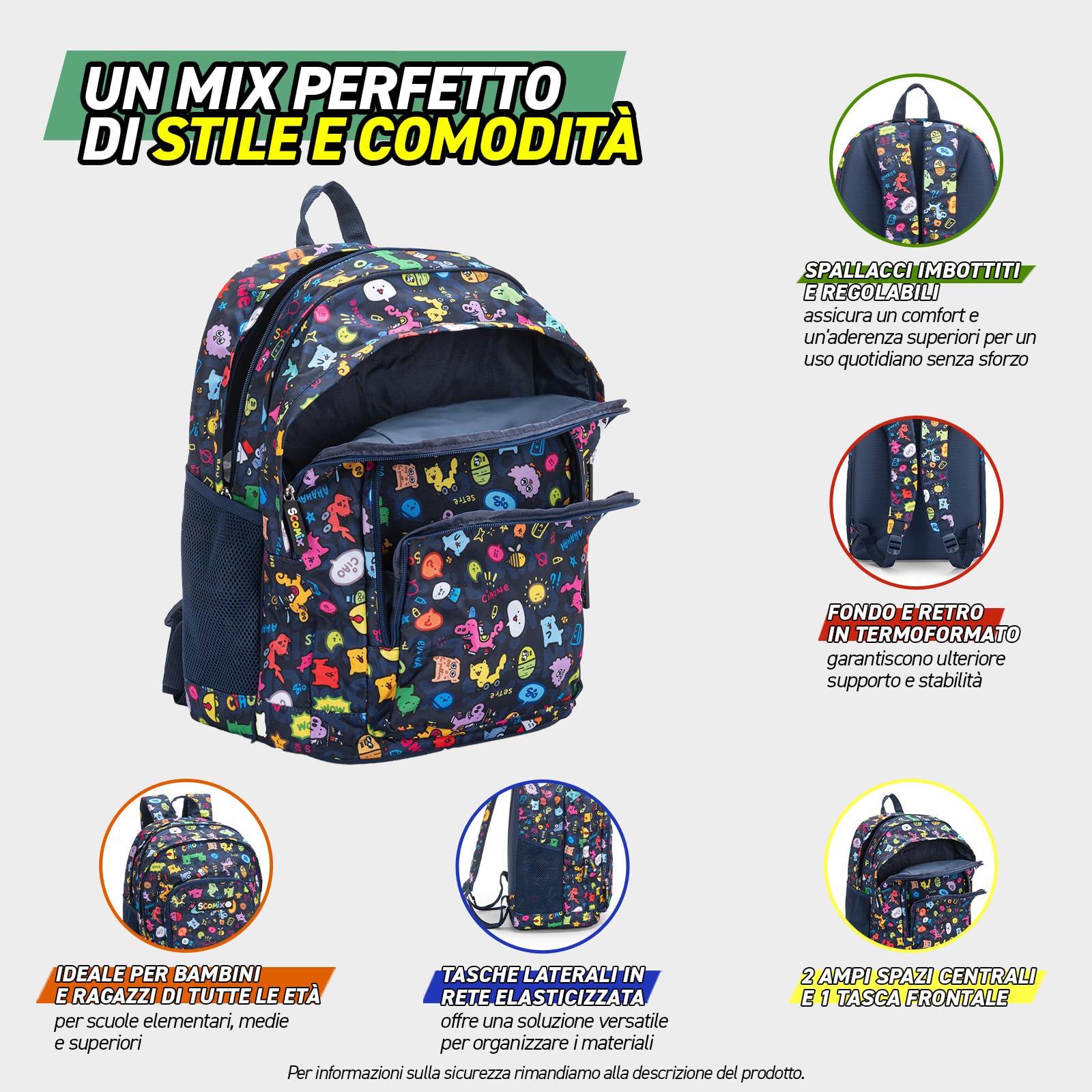 COMIX Scomix by Sio - Zaino Scuola per Bambini e Ragazzi, con 2 Ampi Scomparti Centrali, Tasca Frontale, Tasche Laterali in Rete, Chiusura a Zip e Spallacci Regolabili, 32x43Hx23 cm, 31L, Blu