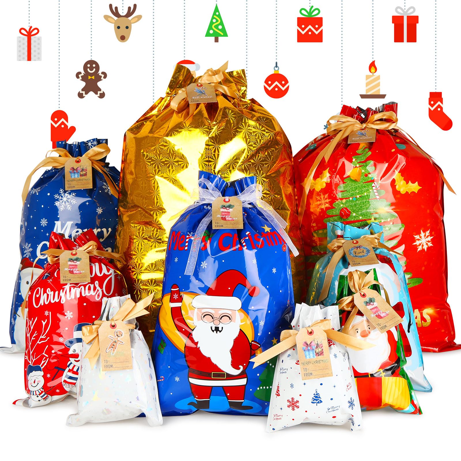 Kigeli 120 Christmas Drawstring Gift Bags Set Assorted Size Xmas Wrap Bags with Tag Giant Gift Packs Christmas Party Supplies