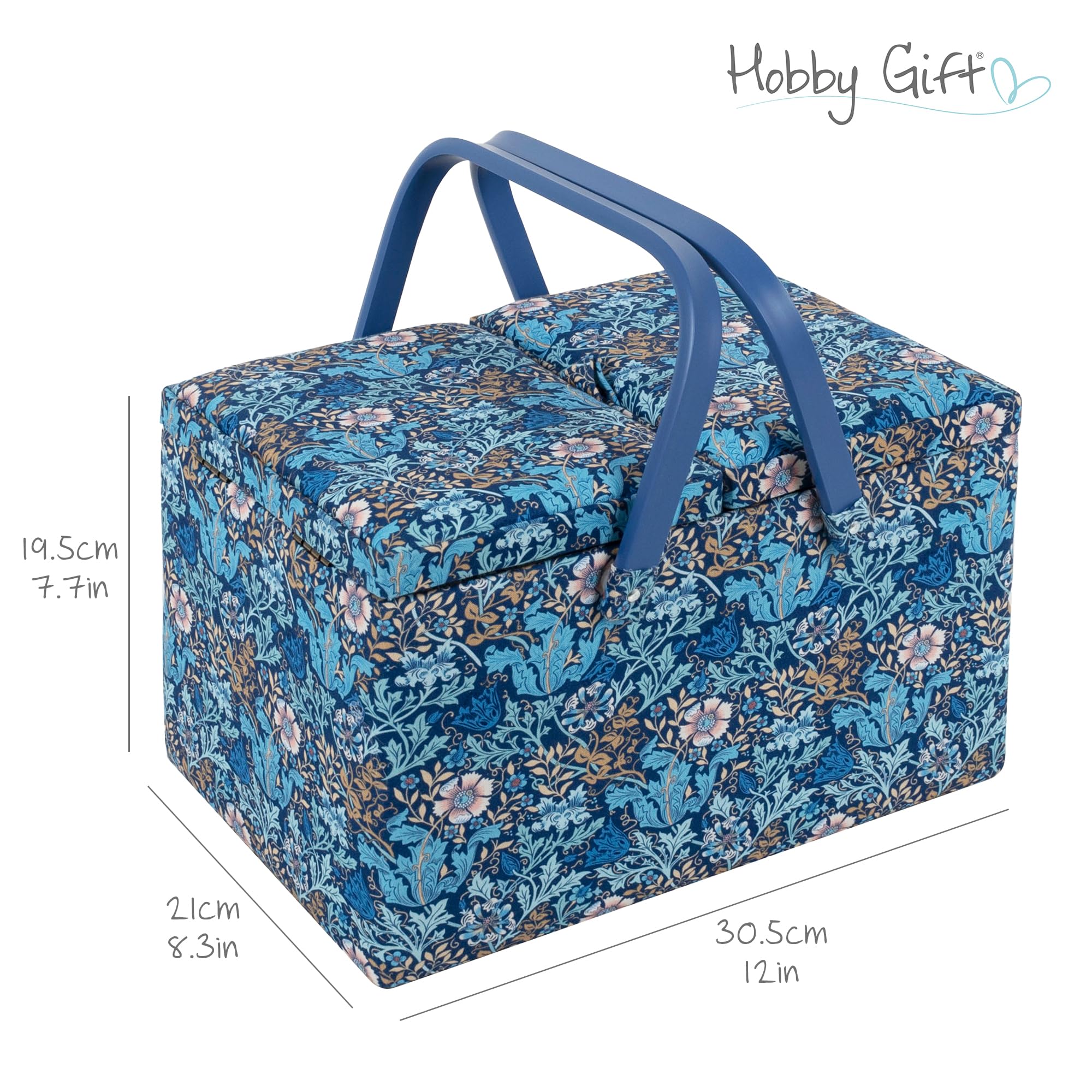 Hobby Gift Großer Nähkasten – Doppeldeckel, Baumwollstoff mit Holzblock-Blumenmuster, mit Kunststoffgriff, Innenschale aus Hartplastik mit Fächern, Deckel mit Tasche und stilvollem 21x30,5x19,5cm