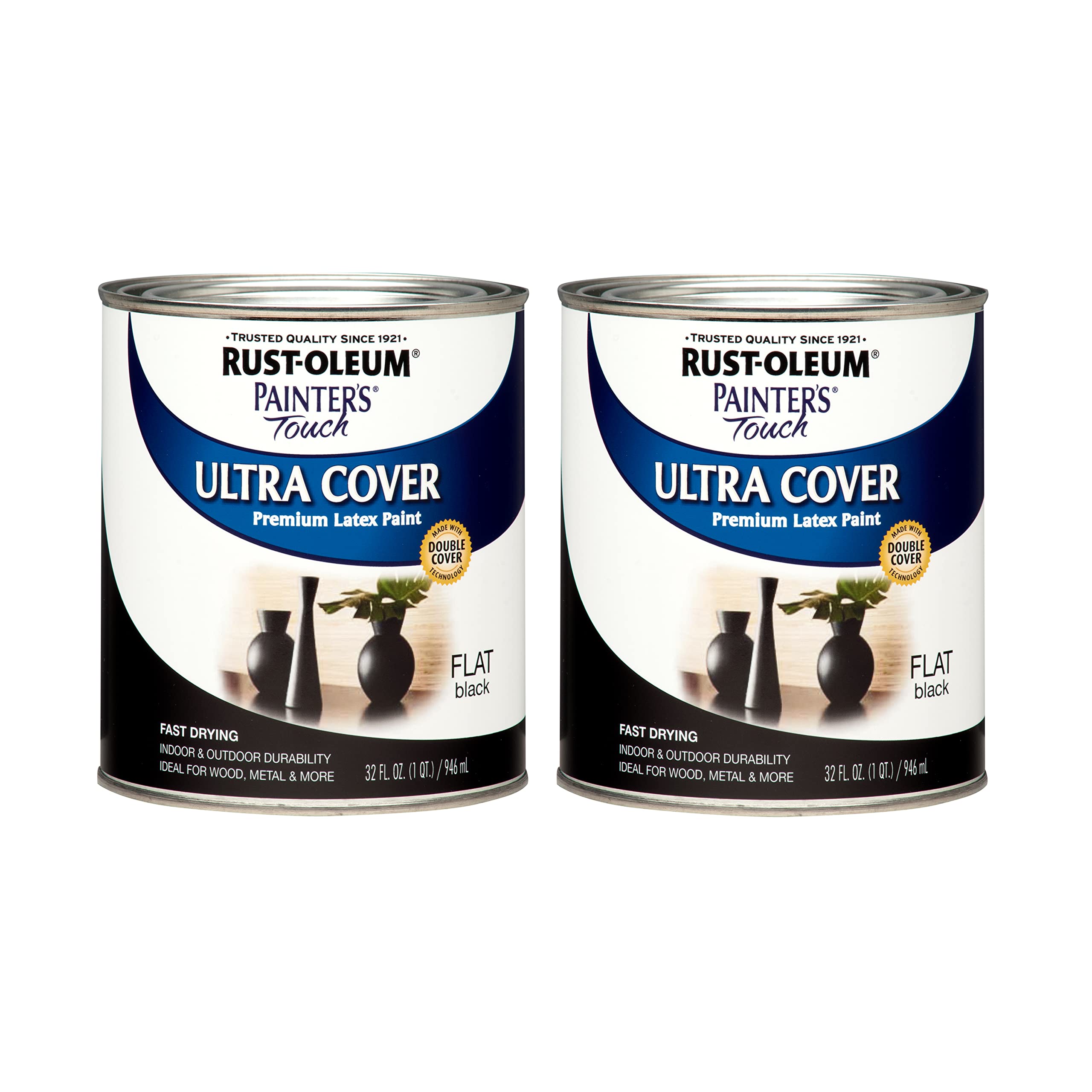 Rust-Oleum 1976502-2PK Painter's Touch Latex Paint, Quart, Flat Black, 2 Pack